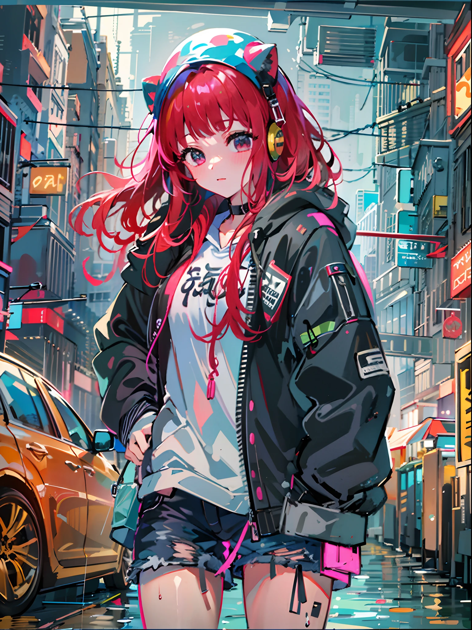 8K分辨率、((top-quality))、((masterpiece))、((ultra-detailliert))、1 woman、独奏、incredibly absurdness、Oversized hoodies、headphones、Street、plein air、Rain at night、neons、Shortcut Hair、Brightly colored eyes、Hands in pockets、shortpants、water dripping、red hairs、Bob Hair