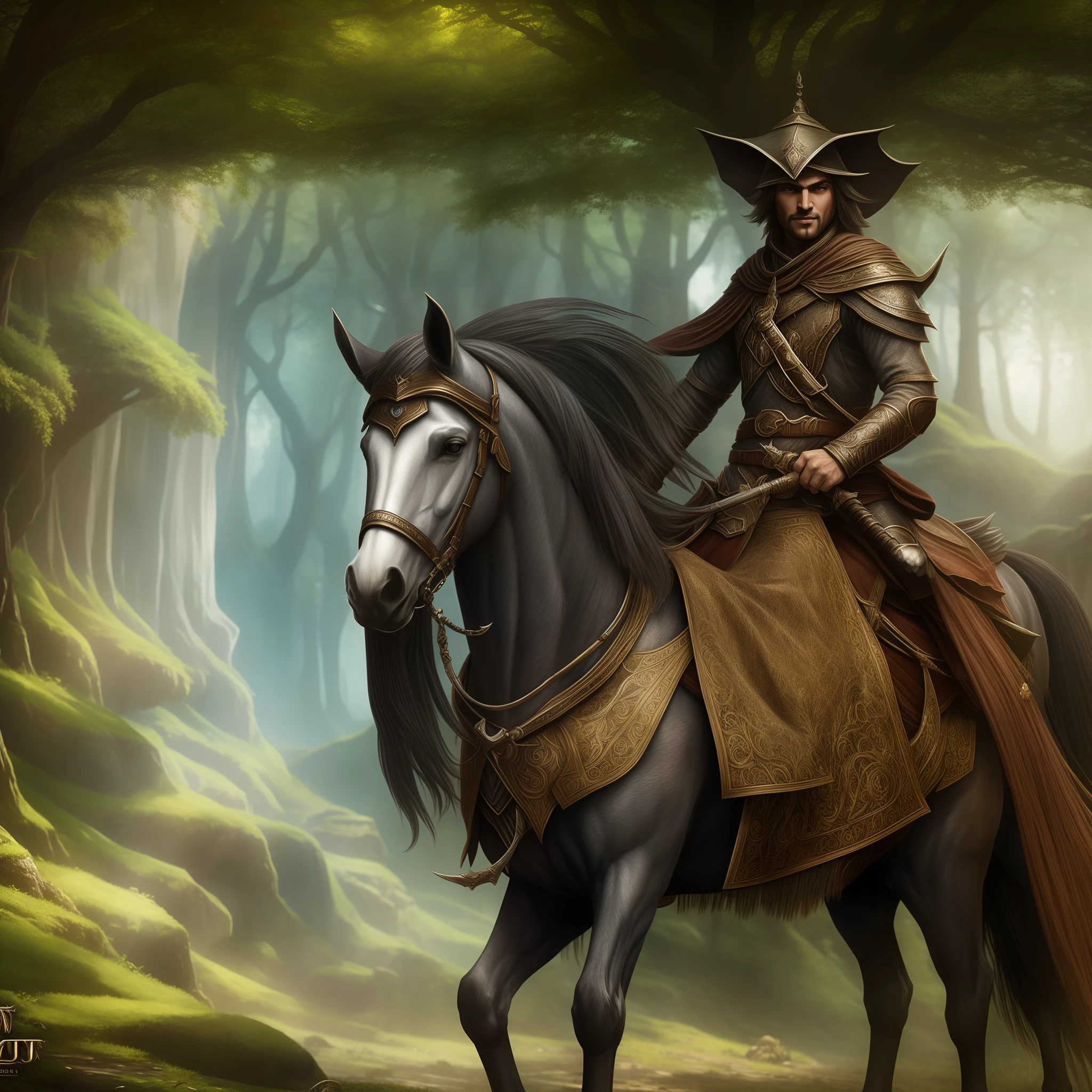 Elfo bonito com rosto jovial montado em um cavalo fantasia, ultra realista, 4k, RPG, trees around, melhor qualidade