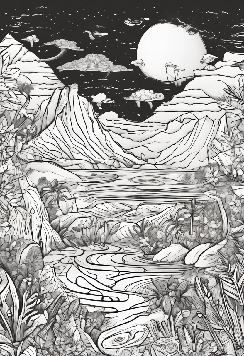 melhor qualidade, uma impressionante arte linear de um garoto de 5 anos com cabelos curtos e olhos pequenos, olhando para o horizonte em uma paisagem de dinossauros no fundo, intrinsecamente detalhado, coloring book for kids, preto e branco, mel
