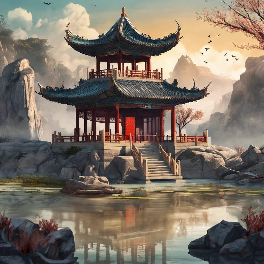 An ancient Chinese painting, ancient Chinese background, mountains, rivers, auspicious clouds, pavilions, sunshine, masterpieces, super detail, epic composition, ultra HD, high quality, extremely detailed, official art, unified 8k wallpaper, Super detail, 32k -- v 6