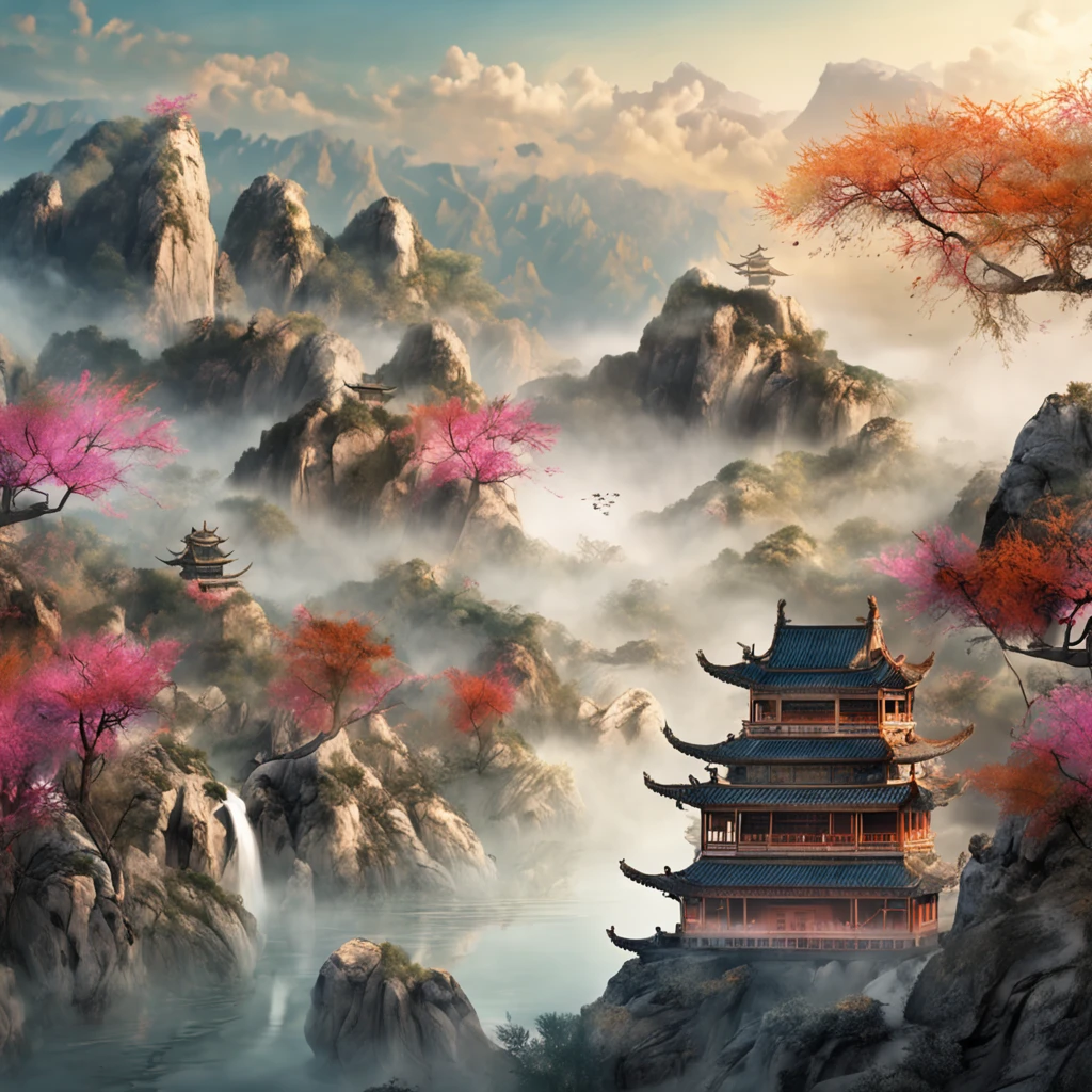 An ancient Chinese painting, ancient Chinese background, mountains, rivers, auspicious clouds, pavilions, sunshine, masterpieces, super detail, epic composition, ultra HD, high quality, extremely detailed, official art, unified 8k wallpaper, Super detail, 32k -- v 6