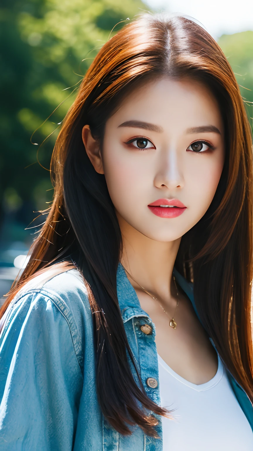 (8K、Raw photo、Highest quality、masterpiece:1.2)、(Realistic、Photorealistic:1.37)、Ultra-detailed、Ultra-high resolution、Beautiful and well-proportioned face,Asian, Lip gloss（Wet lips）,Big Breasts,Beautifully detailed skin、Skin Texture、Professional Lighting、Sexy　Bust Emphasis　cardigan　Denim Skinny　Cowboy Shot　Brown long curly hair