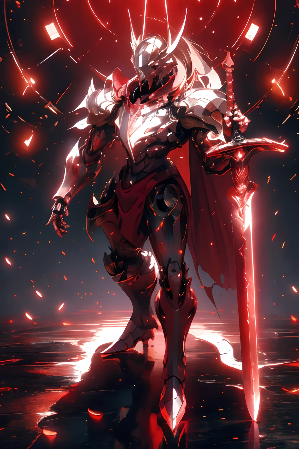 (masterpiece:1.2), best quality,PIXIV,
robot girl,breast,weapon, sword, armor, holding weapon, holding, holding sword, solo, gauntlets, cape, red cape, full armor, helmet, torn cape, male focus, standing, glowing, shoulder armor, red theme, pauldrons, breastplate, torn clothes, greaves, crack, horns, knight, torn, armored boots