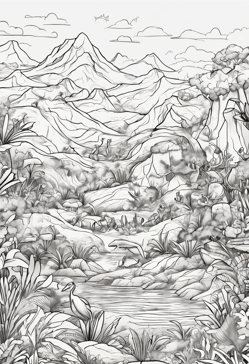 melhor qualidade, uma impressionante arte linear de um garoto de 5 anos com cabelos curtos e olhos pequenos, olhando para o horizonte em uma paisagem de dinossauros no fundo, intrinsecamente detalhado, coloring book for kids, preto e branco, (melhor sombra)