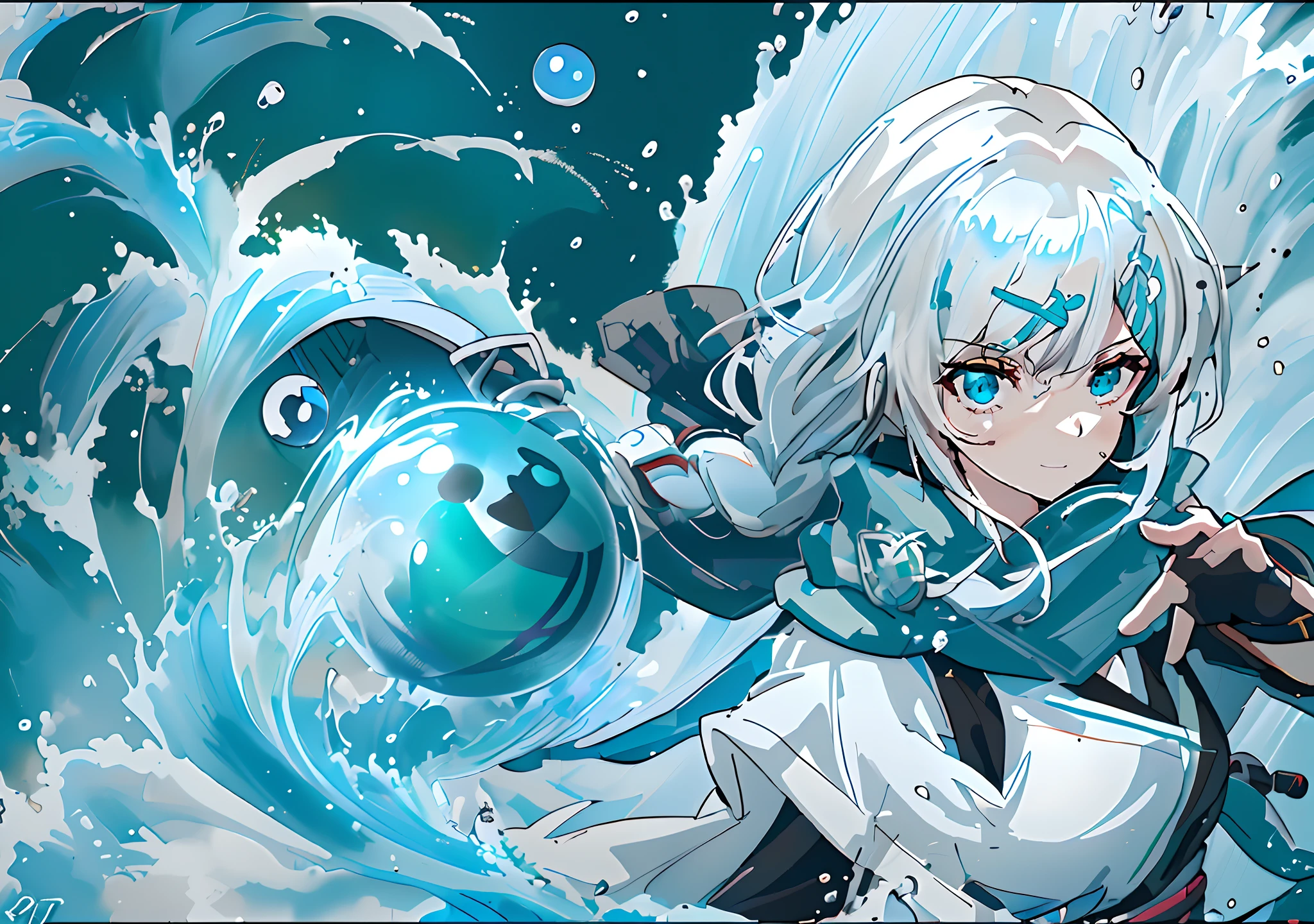 White-haired anime girl,(((Water balloon in one hand))) , a sorceress casting a ice ball, Splash art anime Loli, Anime girl walking on water, with ice powers, Epic anime style, High quality anime art style, ice spell, anime style character, made with anime painter studio, Anime moe art style, Kantai collection style, from girls frontline,(Yushui),(water),((Brown horn)),(((green scarf))),(((White hair))),Short hair,ahoge,((french braid)),((Green hairpins)),(((Golden eyes))),Smile,Girl avatar，k hd，4K，face expressionless，style of anime，sideface