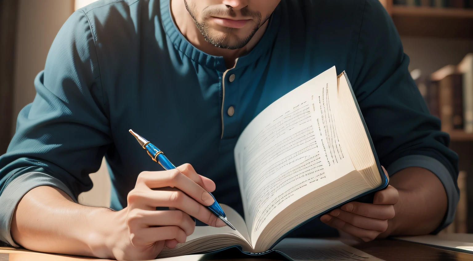 Make 1 man He is studying the Bible, Casa azul bem iluminada, He is glad to have attained knowledge, ultra realista, qualidade 8k, fullhd