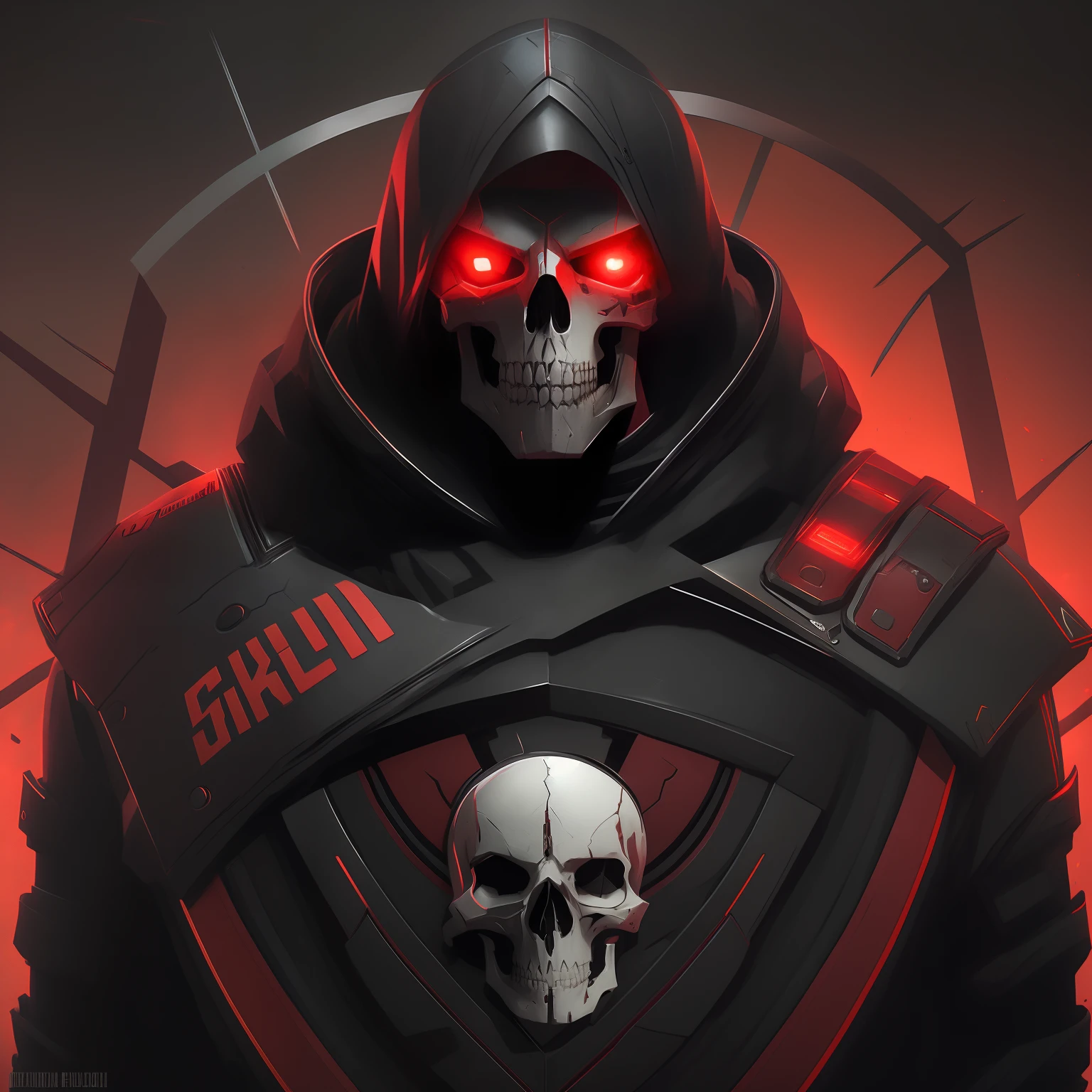portrait, reaper, armor, skull mask,red eyes, glowing, black hood up, shoulder pads, red energy background, best quality, <lora:reaperOverwatchLORA_v1:0.7>