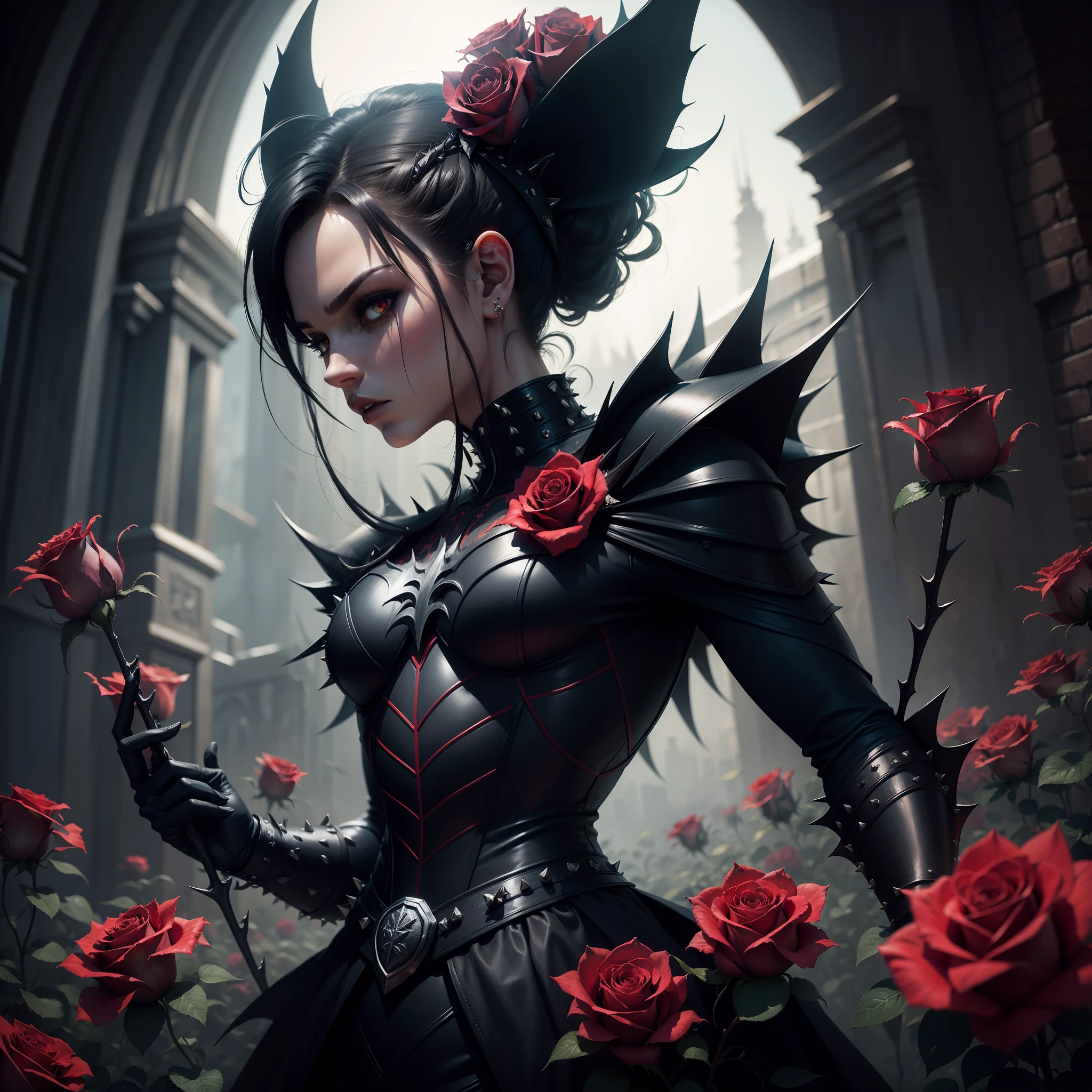 Create a superhero inspired by roses with spikes, very detailed, creepy looking character, dead roses in the background, high quality, high quality artwork, rich colours photography.