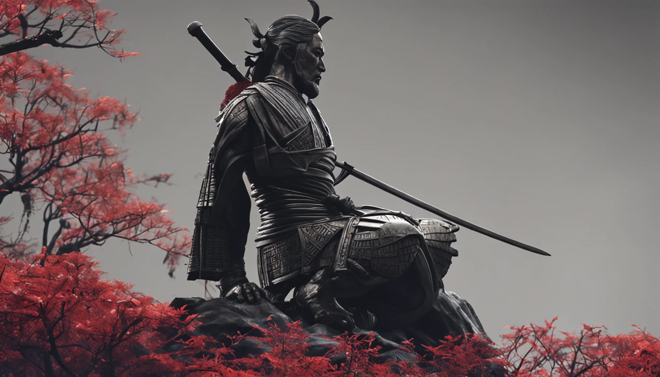 Draw a metal statue of Musashi in a contemplative pose, segurando uma espada e um pergaminho.