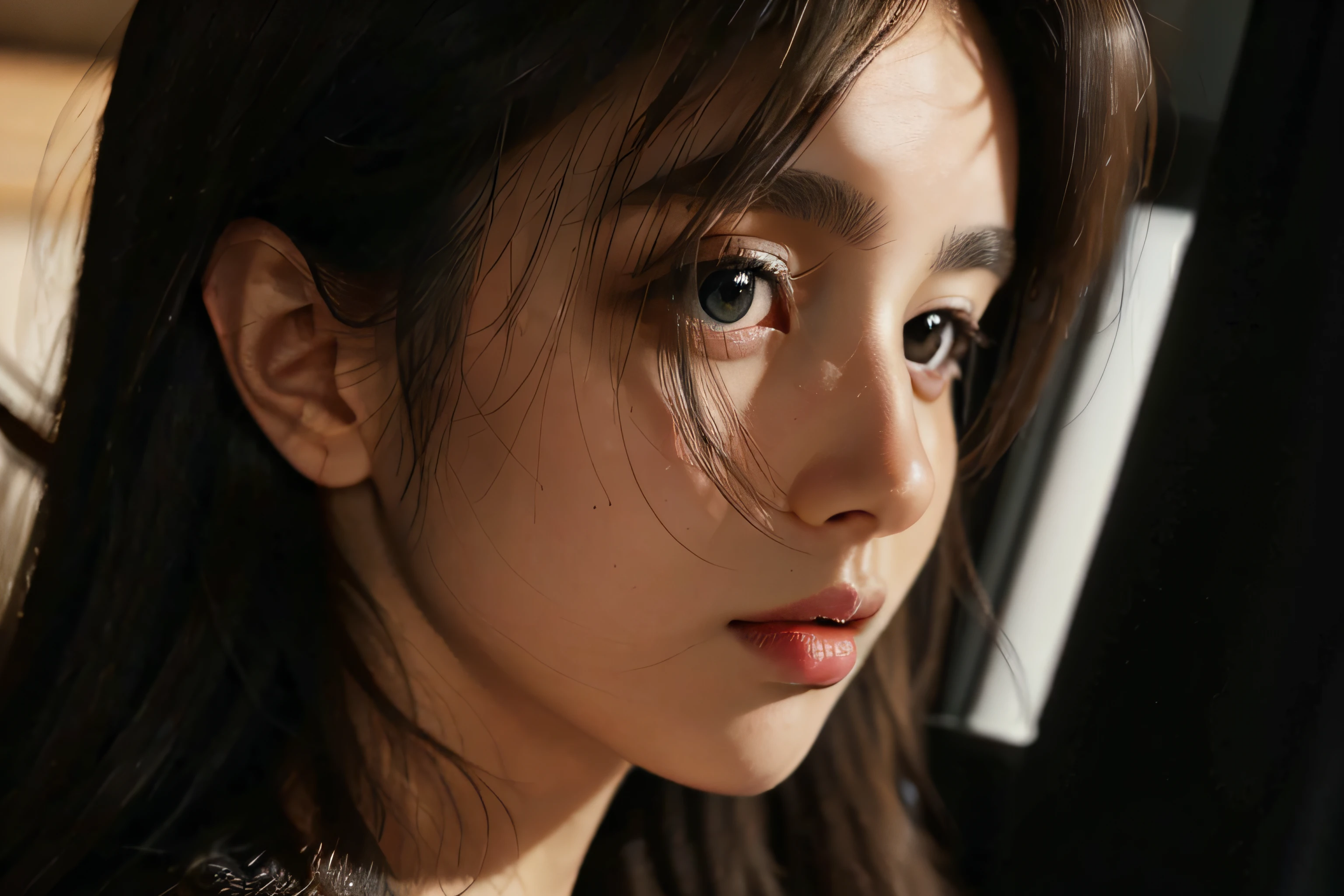 Light Brown Eyes, Light Freakles on the Cheeks, Glossy Lips