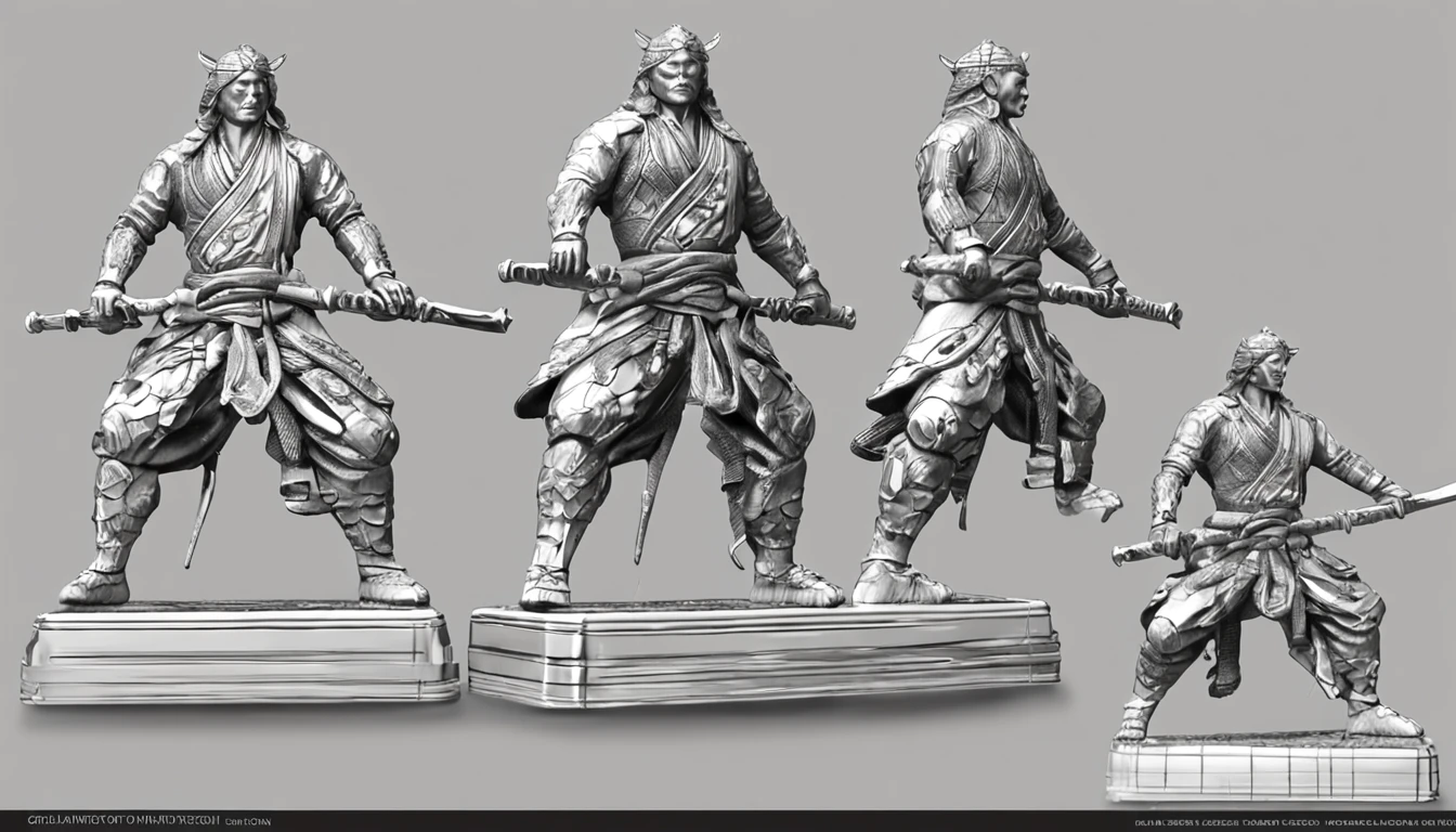 Create a digital representation of a crystal statue of Musashi in a guard pose.