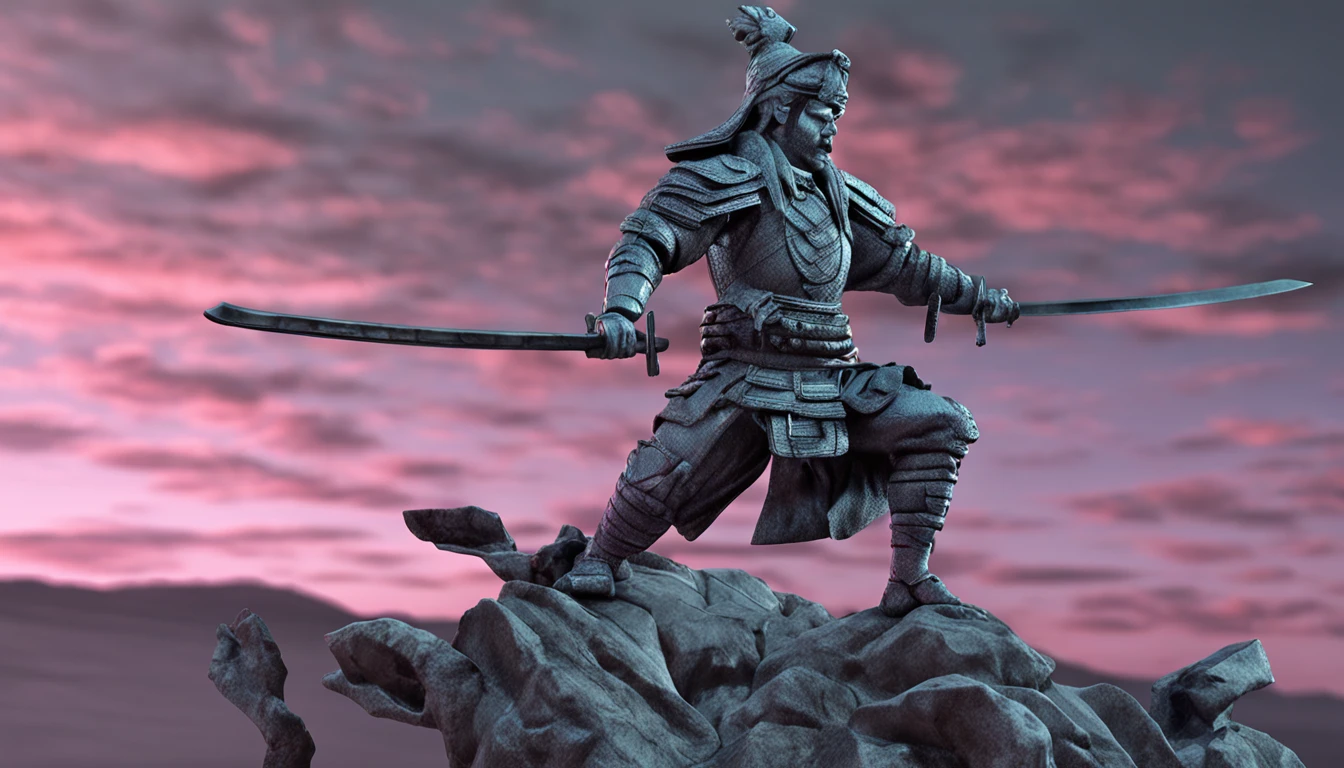 Create a digital representation of a crystal statue of Musashi in a guard pose.
