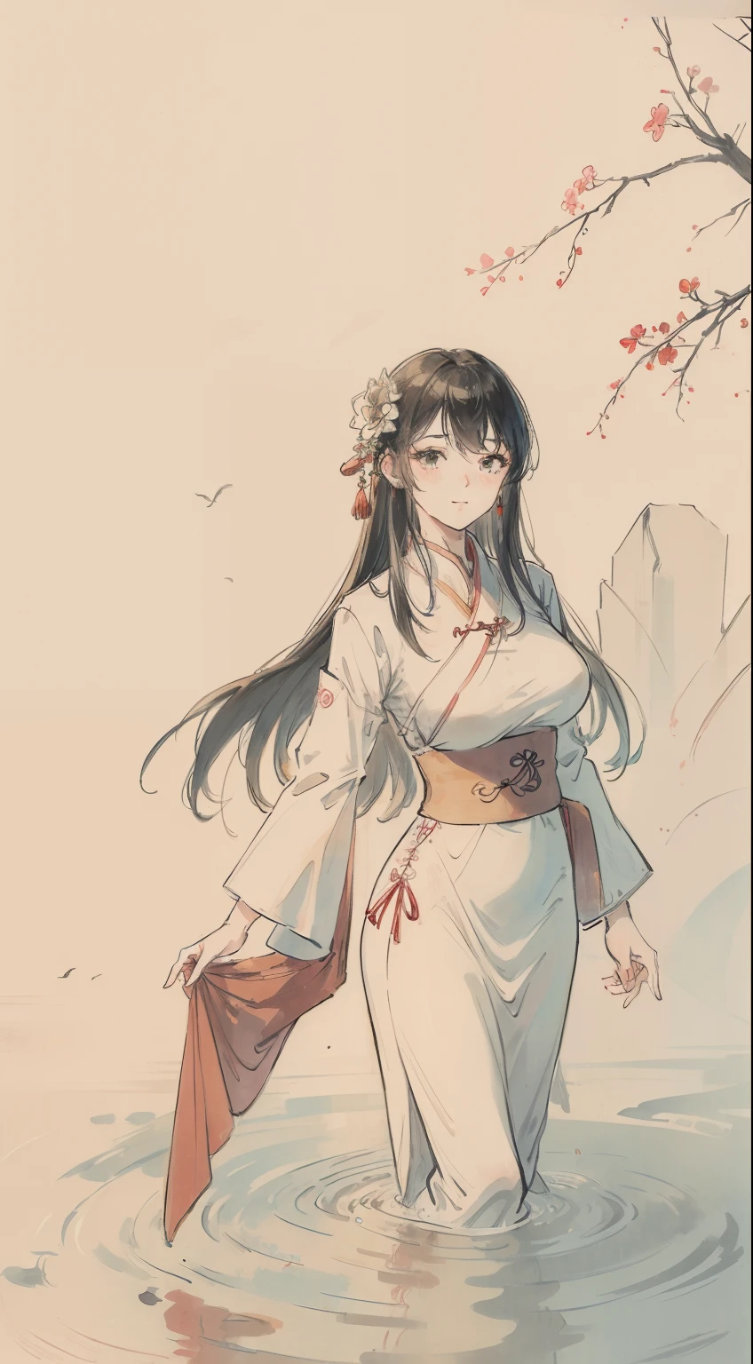 ((4K,Masterpiece,Best quality)),a big breast chinese girl,The facial structure is reasonable, shuimobysim, Traditional Chinese painting, lotuses, Hanfu, maxikit, Dress conservatively , Solo, Long Light Hair, ssmile, standing on your feet, feet in water, The barefoot,Perfect face,big breasts beautiful,Standard human body