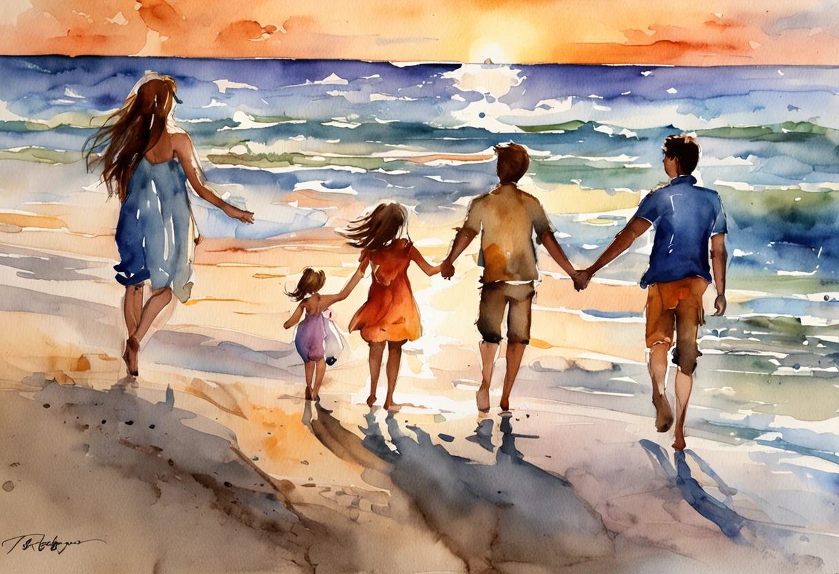 "A loving father enjoying a serene sunset on the beach with his two twenty yearold daughters and a -old son."