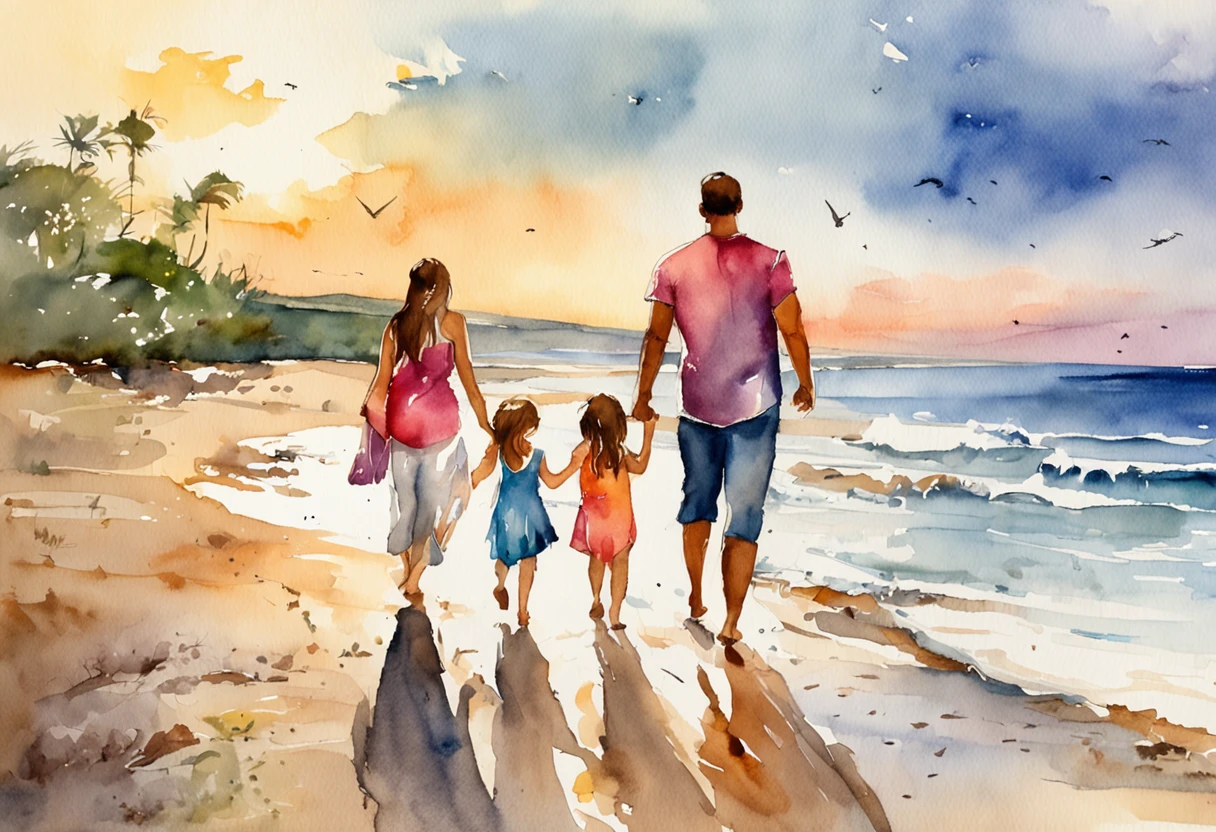 "A loving father enjoying a serene sunset on the beach with his two twenty yearold daughters and a -old son."
