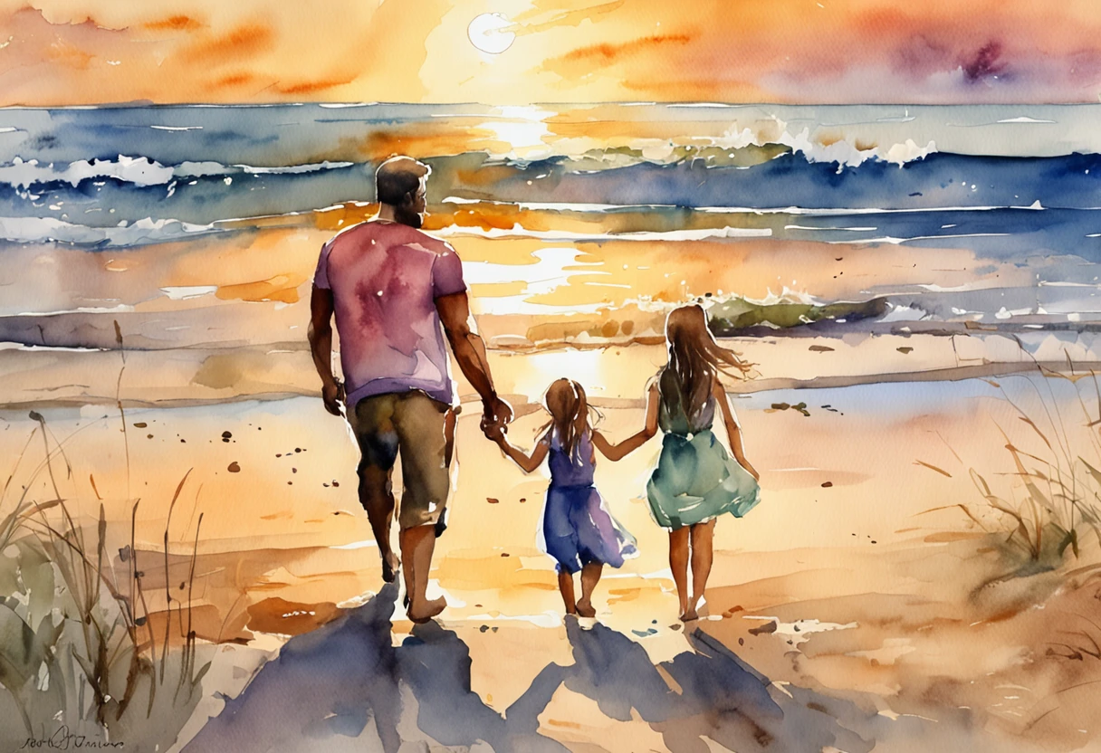 "A loving father enjoying a serene sunset on the beach with his two twenty yearold daughters and a -old son."