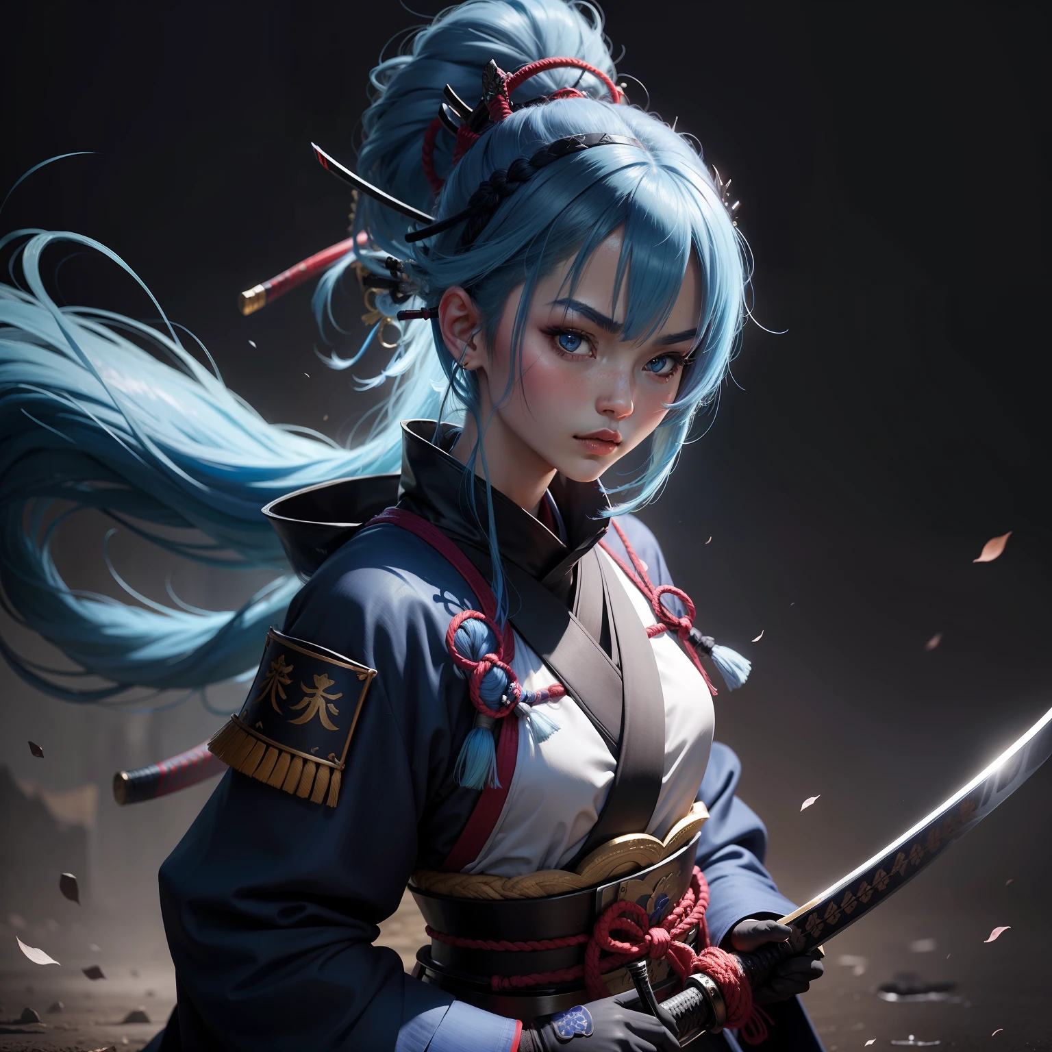 Samurai,girl,beauty,katana,blue hair