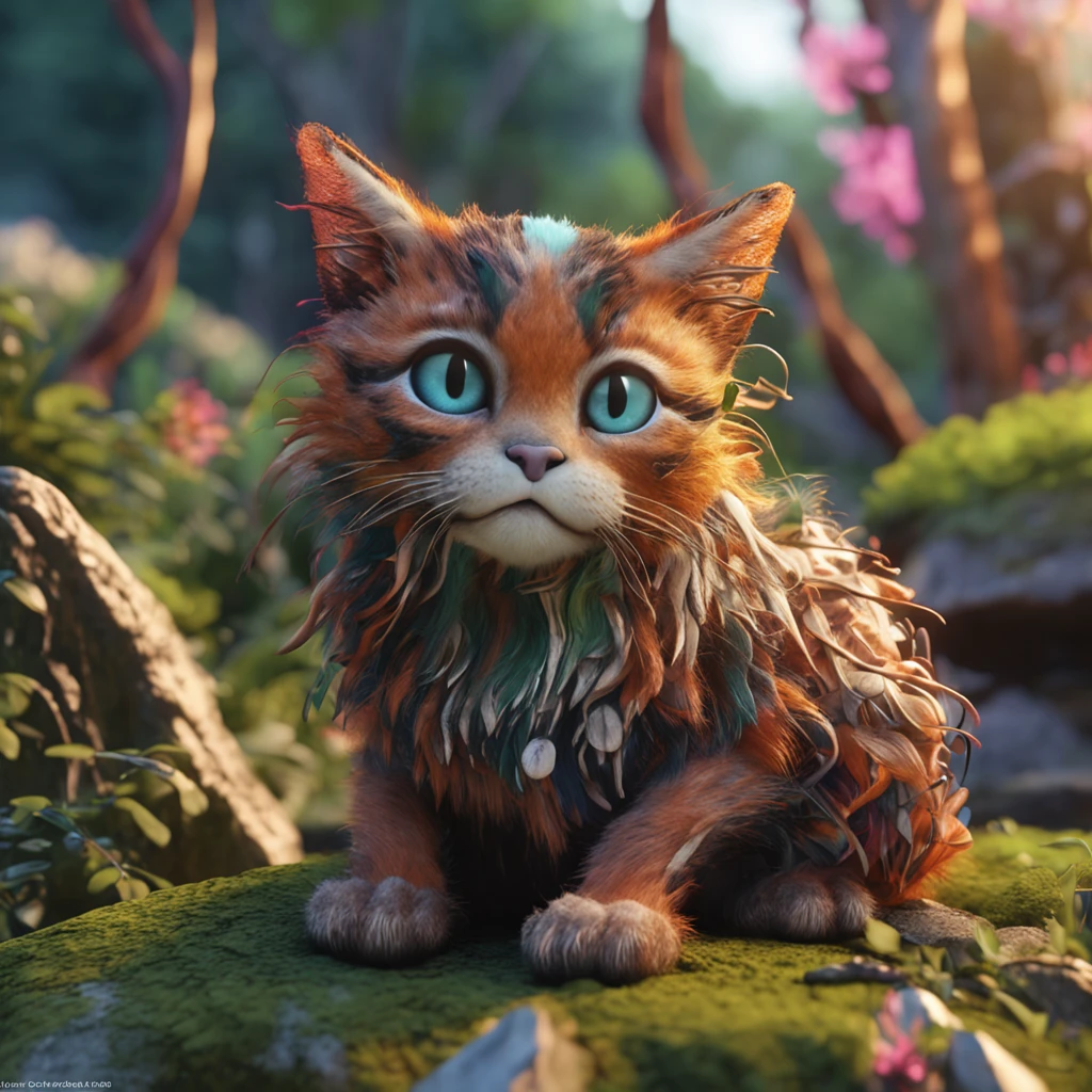 A colorful cat is sitting on a rock in the forest, Adorable Digital Painting, cute detailed digital art, Digital painting highly detailed, 4K highly detailed digital art, Highly detailed digital painting, 3d rendering stylized, beautiful digital works of art, Fantasyart, Detailed digital 3D art, very detailed digital art, 3d rendering stylized