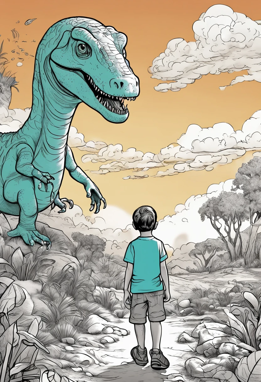 coloring book style, linear drawing, no shadow, a boy of approximately looking at the horizon, in the background of the drawing several dinosaurs, better scale, made for coloring