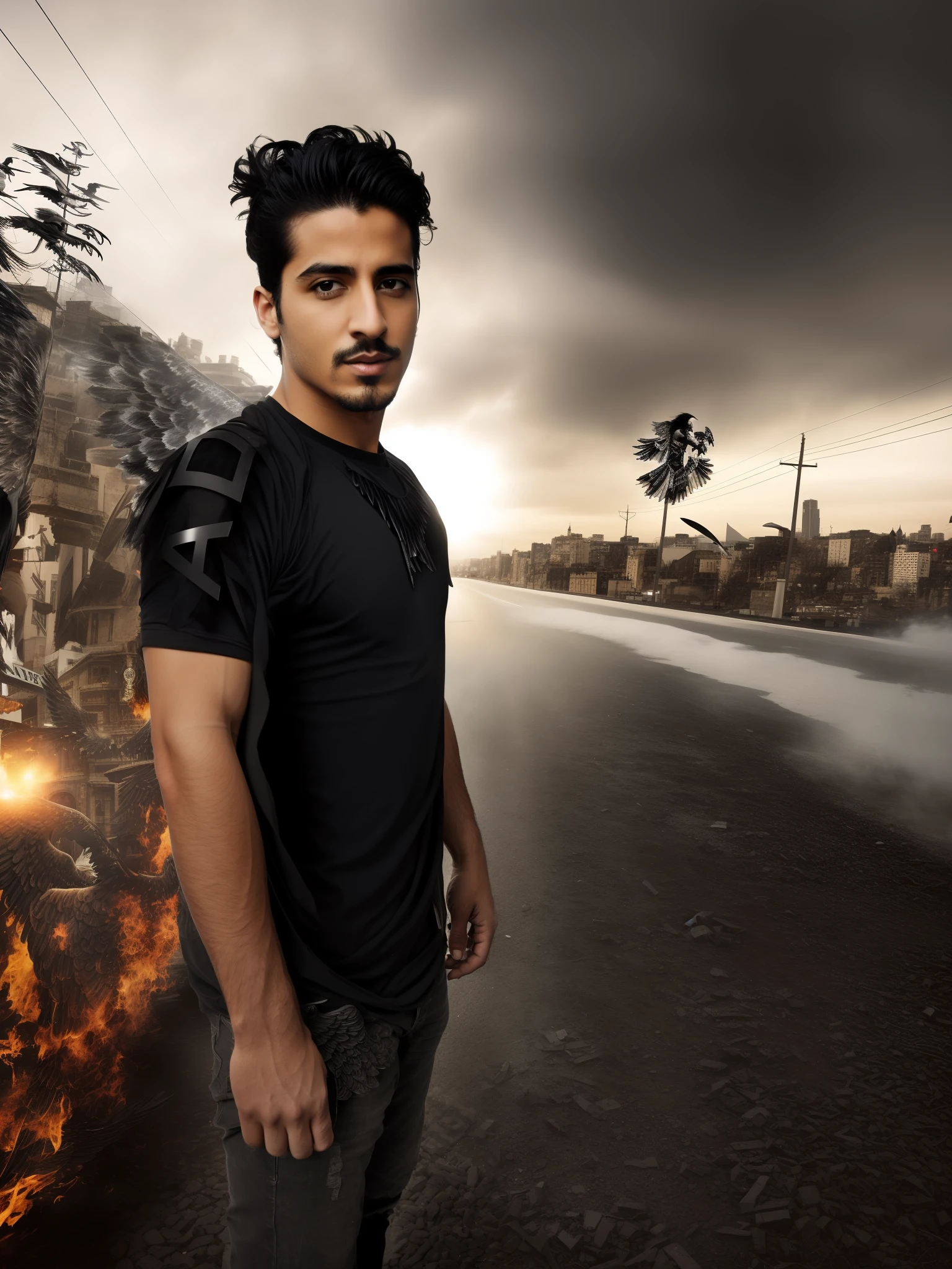 arafed image of a man with wings on a city street, dark angel, black wings instead of arms, angel with black wings, avan jogia angel, young wan angel, black angel wings, raven angel wings, winged boy, fallen angel, movie poster character, textless, epic angel wings, archangel, black wings, with large wings, winged human