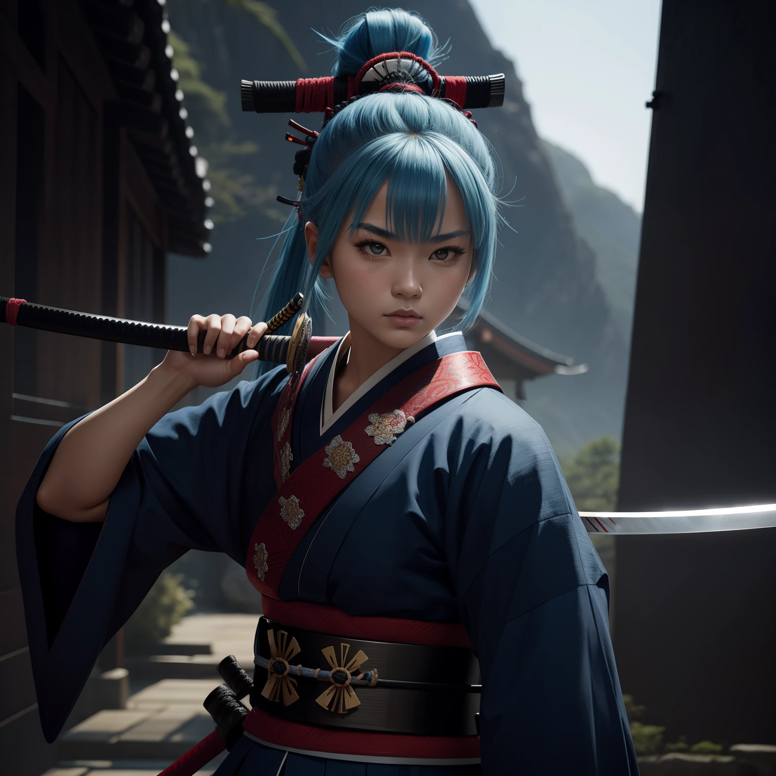 Samurai,girl,beauty,katana,blue hair