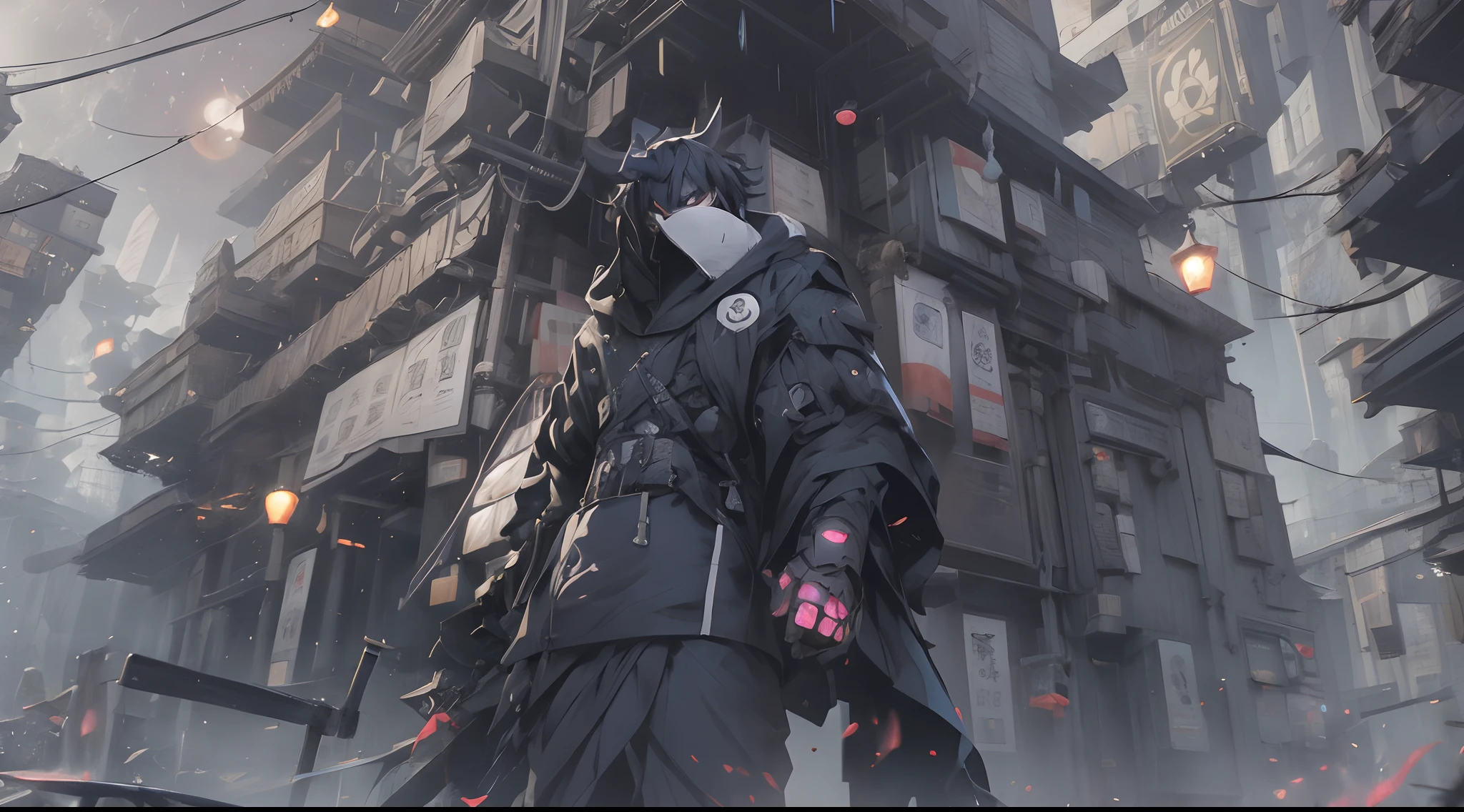 anime man smiling with a floating crown on his head, evil smile and glowing eyes, with black outfit standing in front of a building, hooded jacket with ghost horns floating on the sides blue and glowing, epic digital art illustration,glowing and epic, epic anime style, cyberpunk anime man in hoodie,male cyberpunk anime man,unknown artstyle, omen from valorant, digital art from danganronpa, best anime 4k konachan wallpaper, twisted god with no face, badass anime 8 k, trigger anime artstyle, the grim reapper, high quality fanart,cartoon illustration of a smiling man with a floating crown on his head, evil smile and glowing blue eyes, cyril rolando and goro fujita, epic digital art illustration, glowing and epic, epic portrait illustration, unknown artstyle, in the style dan mumford artwork, hero 2 d fanart artsation, wicked grin, king of time reaper, scary queen of death,darksynth character portrait,(((focus on the character from afar))),((dark blue hair with white gradient))