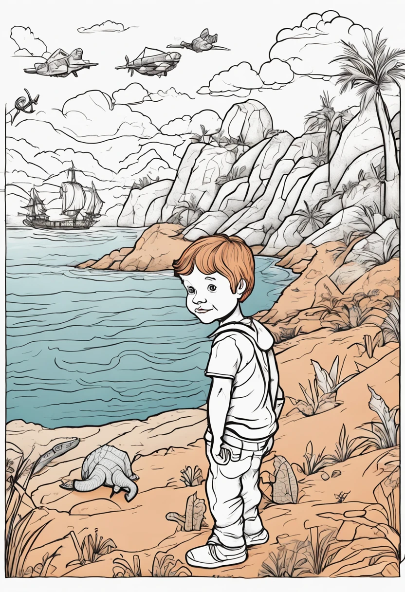 coloring book style, linear drawing, no shadow, a boy of approximately  looking at the horizon, in the background of the drawing several dinosaurs, better scale, made for coloring