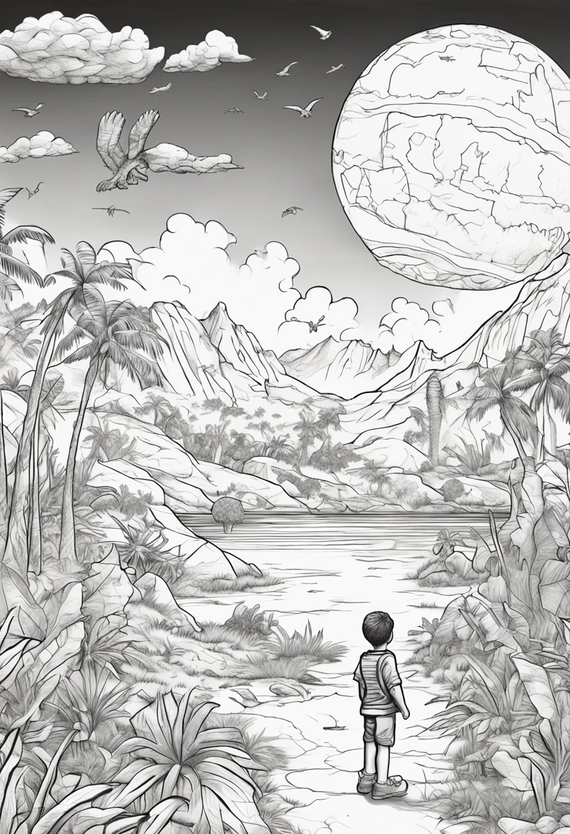coloring book style, linear drawing, no shadow, a boy of approximately looking at the horizon, in the background of the drawing several dinosaurs, better scale, made for coloring
