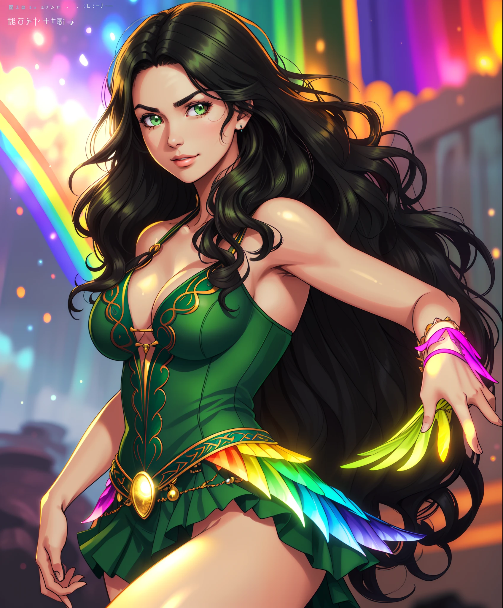 ((((A young woman))), the anime, ( Green eyes), (black hair), Nice face, ssmile, the perfect body, Wavy Hair, hairlong, (((morena))), big breastes, ((tmasterpiece, beste-Qualit)), illustartion, ультра детализированная 8k, Photorealistic, sharp-focus, higly detailed, Professional lighting, colorful details, Rainbow colors, Glowing, intricate detials, Vivid details, Clothing style: Boho