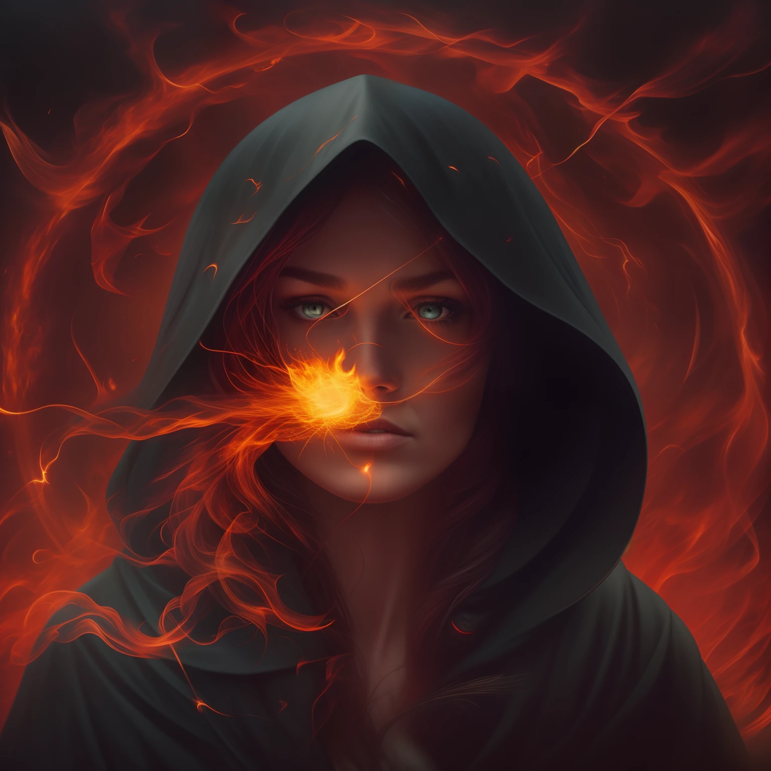 cinematic scene of a woman in a black cloak with a fire ball emitting electricity in the background, detailed pupils, round iris, medium shot, 8 0's style tomasz alen kopera, frustration, peter mohrbacher', summon, in high resolution, ultra-detailed, jules julien, anton semenov, suns, by joseph binder, elder, wraith, in a dark, intricate, magic realism, red yellow black`