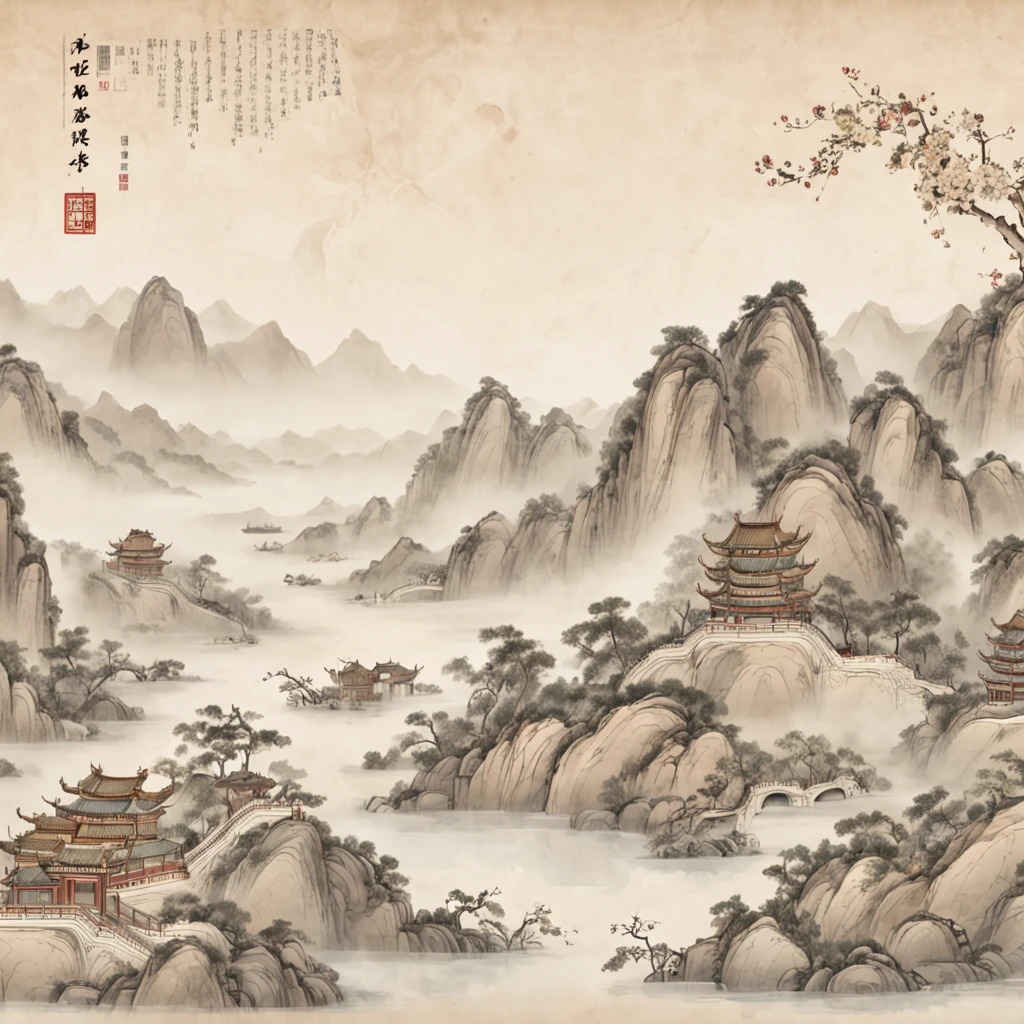 An ancient Chinese painting, ancient Chinese background, mountains, rivers, auspicious clouds, pavilions, sunshine, masterpieces, super detail, epic composition, ultra HD, high quality, extremely detailed, official art, unified 8k wallpaper, Super detail, 32k -- v 6