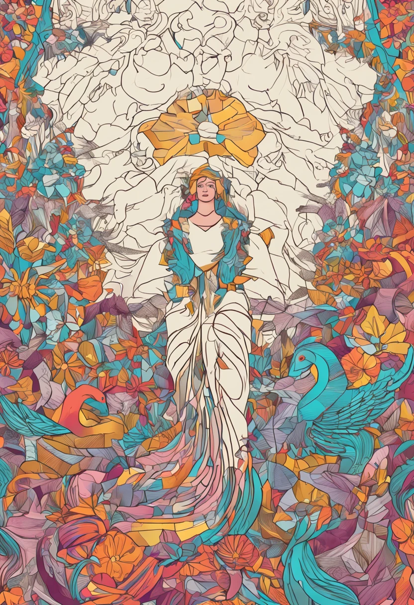 (tiro de corpo inteiro:1.4), fundo branco, (1 menina anjo,Asas Brilhantes, halo, cocar requintado, sorrir), (arte em papel, Arte em papel acolchoado, geomerty), extremamente colorido