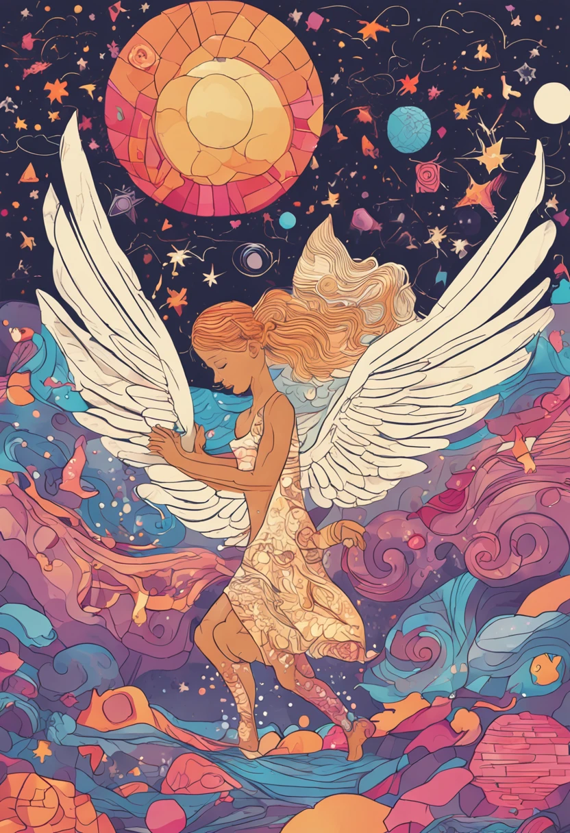 (tiro de corpo inteiro:1.4), fundo branco, (1 menina anjo,Asas Brilhantes, halo, cocar requintado, sorrir), (arte em papel, Arte em papel acolchoado, geomerty), extremamente colorido