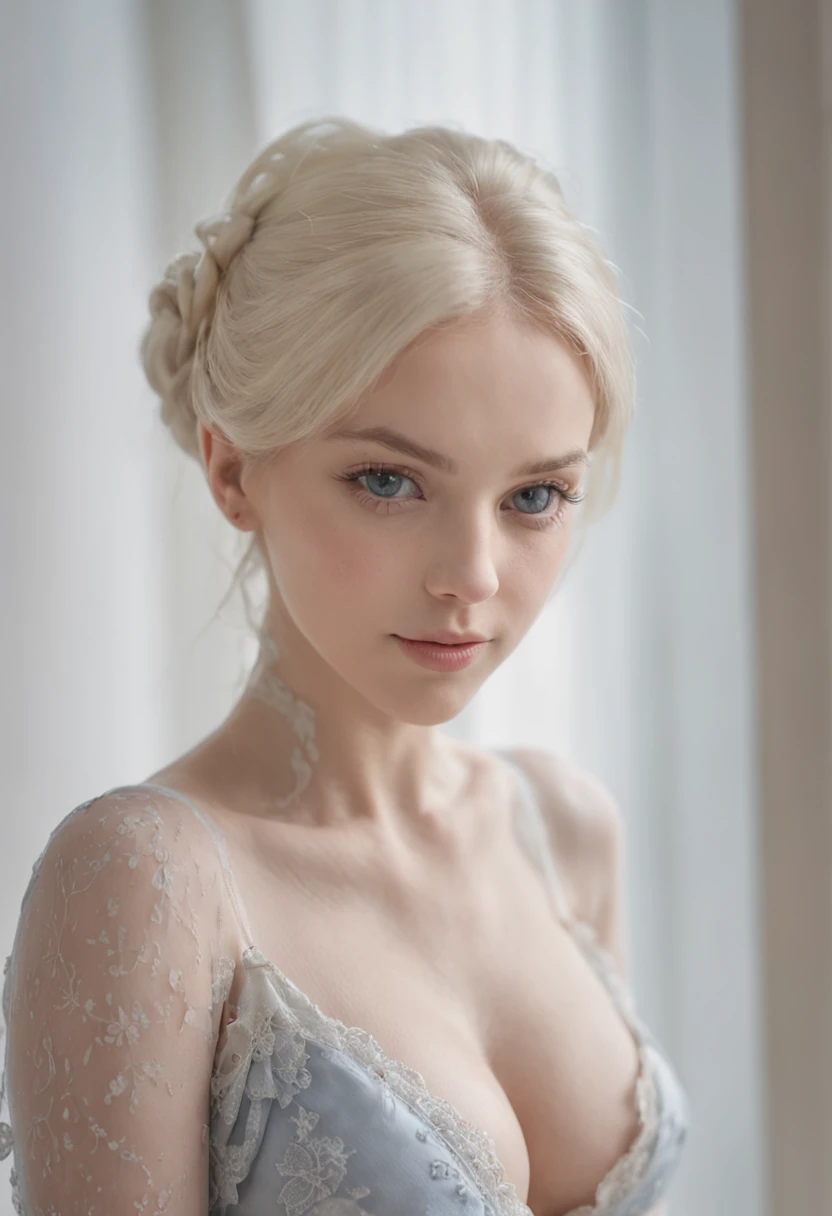 hyper HD, Masterpiece, Best quality, 8K, in bed, laying down, nude, nice tits, Minimalism, 1girll, Blue deni