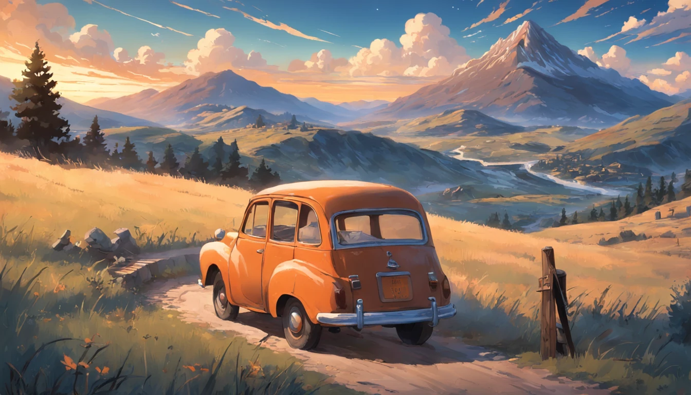 Create a compelling tale revolving around an old model car parked amid rolling hills, with a lone man setting up camp nearby. The car, weathered by time, Tips from past trips and adventure stories. Describe the man's actions as he unfolds a worn map, a crackling bonfire starts, and looks up at the starry sky. Weave in detail about the surrounding landscape, the scent of pines, and the distant calls of nocturnal creatures. Convey a sense of nostalgia and introspection as the man reflects on the past and finds solace in the simplicity of the present moment. Your story should transport readers to this remote hillside, allowing them to feel the connection between the men, The antique car, and the serene desert, exposure blend, medium shot, bokeh, (hdr:1.4), high contrast, (cinematic, orange and white film), (muted colors, dim colors, soothing tones:1.3),
low saturation, (hyperdetailed:1.2), (noir:0.4).
