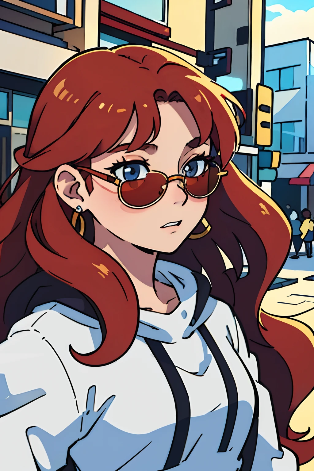 (best qualtiy:0.8),(best qualtiy:0.8),Perfect anime illustration,Extreme close-up portrait of a beautiful woman walking through the city,Wearing sunglasses,She has long red wavy curly hair,There is a nose ring on the nose