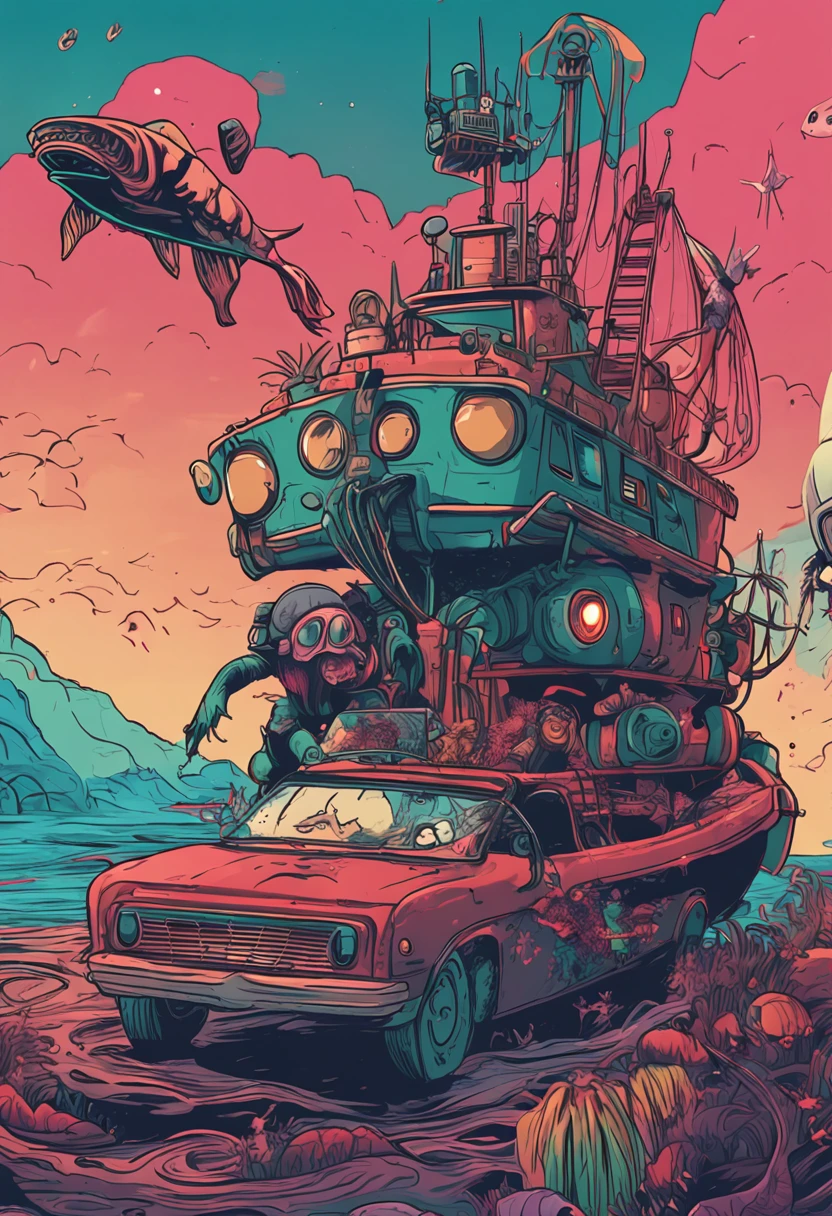 unity 8k wallpaper, 1920x1080, surrealism, abstract, Futuristic, gonzobugs squid monster with a hat, deep sea fishing, vehicle, album cover art,