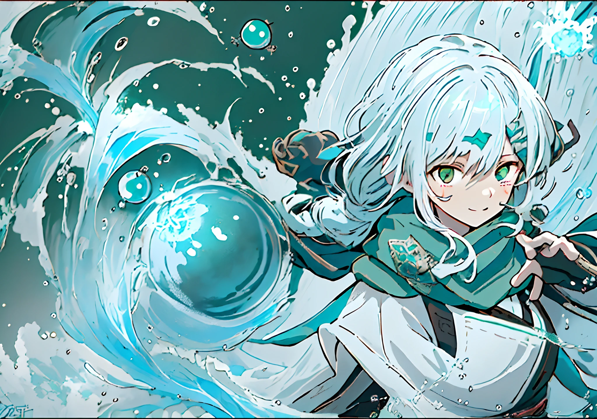 White-haired anime girl,(((Water balloon in one hand))) , a sorceress casting a ice ball, Splash art anime ****, Anime girl walking on water, with ice powers, Epic anime style, High quality anime art style, ice spell, anime style character, made with anime painter studio, Anime moe art style, Kantai collection style, from girls frontline,(Yushui),(water),((Brown horn)),(((green scarf))),(((White hair))),Short hair,ahoge,((french braid)),((Green hairpins)),(((Golden eyes))),Smile,Girl avatar，k hd，4K，face expressionless，style of anime，sideface