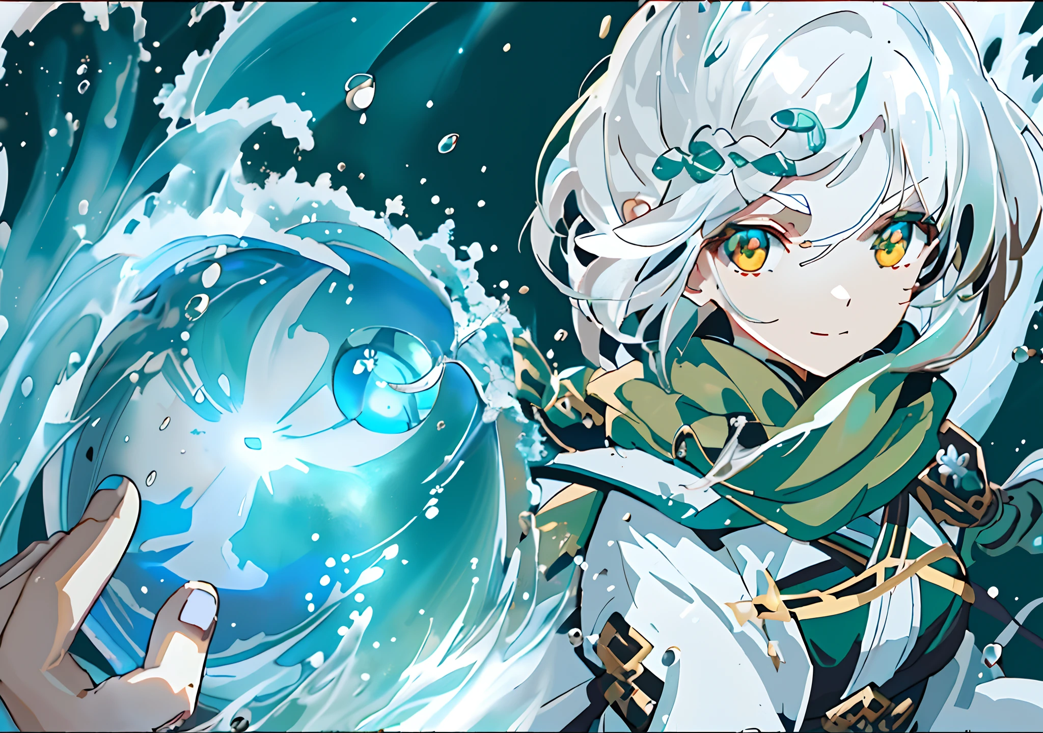 White-haired anime girl,(((Water balloon in one hand))) , a sorceress casting a ice ball, Splash art anime Loli, Anime girl walking on water, Epic anime style, High quality anime art style, anime style character, made with anime painter studio, Anime moe art style, Kantai collection style, from girls frontline,(Yushui),(water),((Brown horn)),(((green scarf))),(((White hair))),Short hair,ahoge,((french braid)),((Green hairpins)),(((Golden eyes))),Smile,Girl avatar，k hd，4K，face expressionless，style of anime，sideface