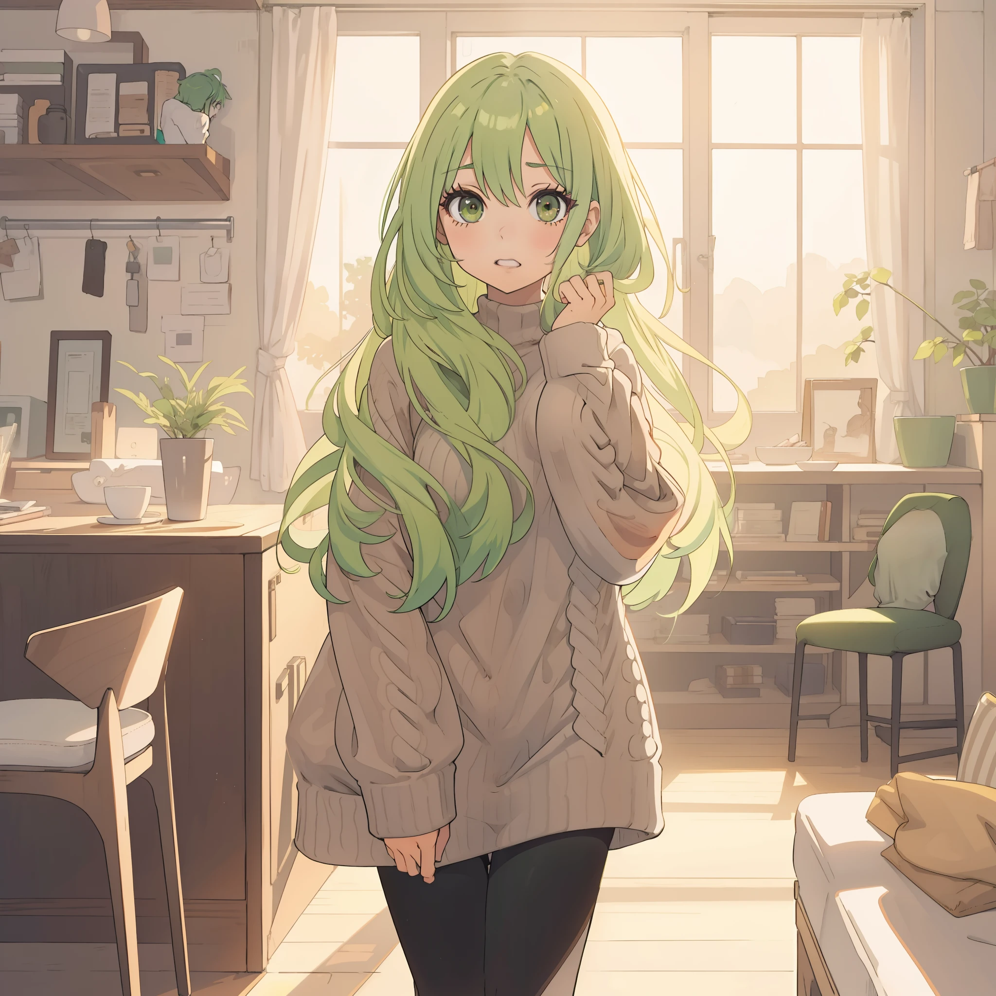 Anime girl, green hair, tight polyester sweater dress, leggings, sexy, skinny, large breasts