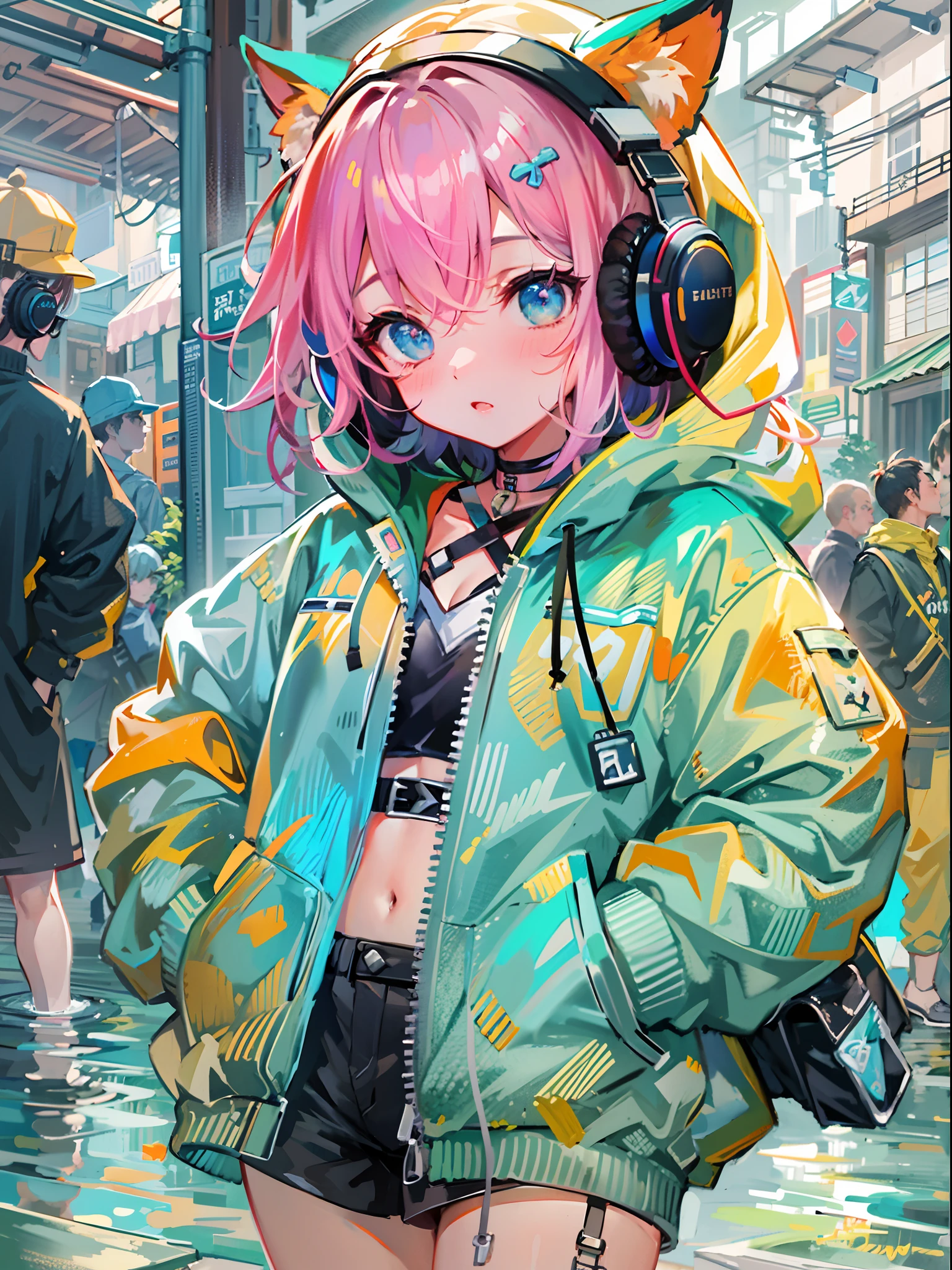 8K分辨率、((top-quality))、((masterpiece))、((ultra-detailliert))、1 woman、独奏、incredibly absurdness、Oversized hoodies、headphones、Street、plein air、Sateen、neons、Shortcut Hair、Brightly colored eyes、Hands in pockets、shortpants、water dripping