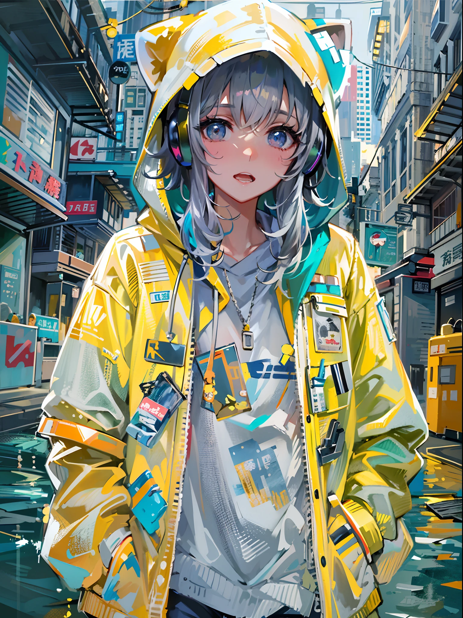 8K分辨率、((top-quality))、((masterpiece))、((ultra-detailliert))、1 woman、独奏、incredibly absurdness、Oversized hoodies、headphones、Street、plein air、Sateen、neons、Shortcut Hair、Brightly colored eyes、Hands in pockets、shortpants、water dripping