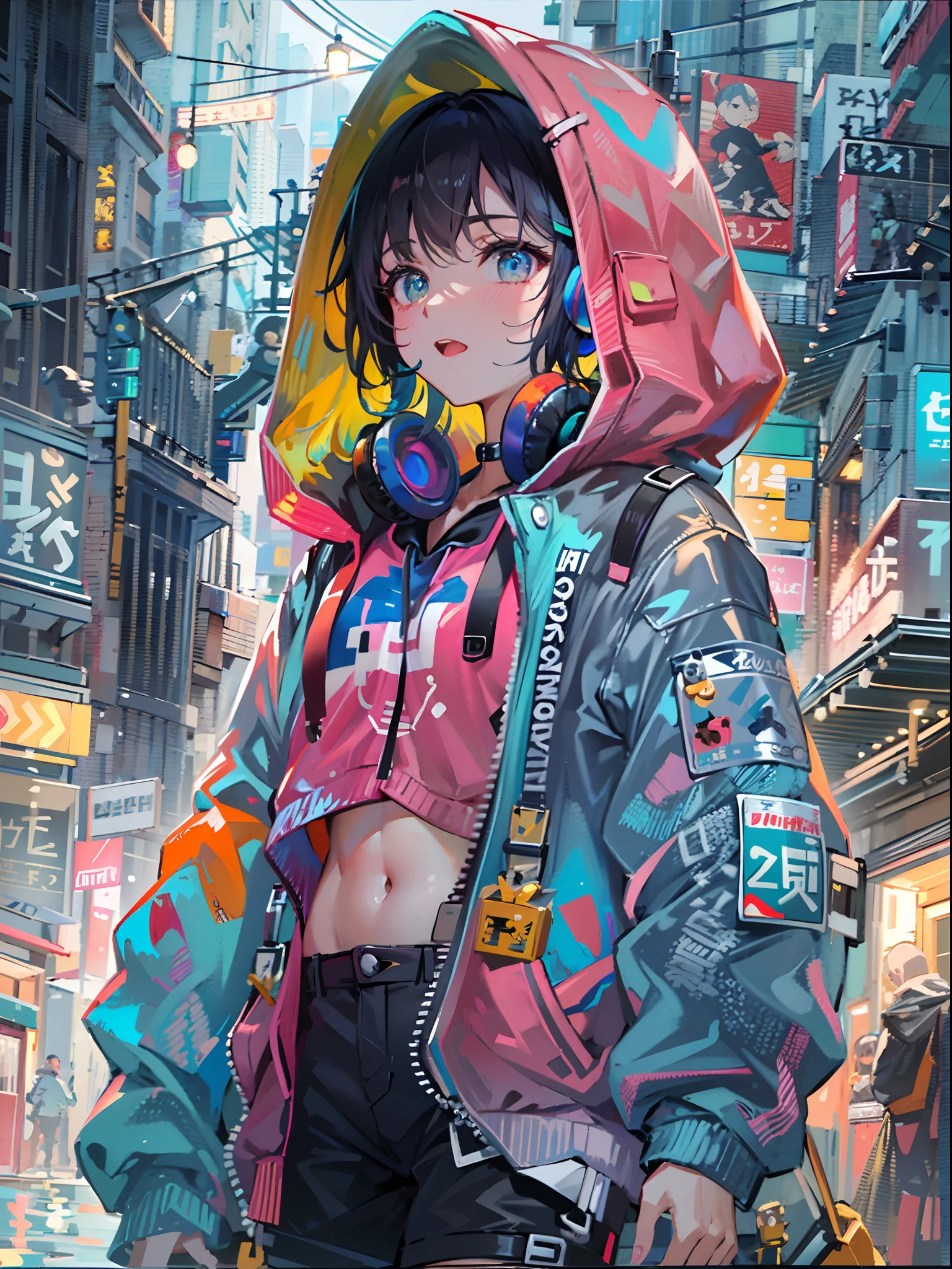 8K分辨率、((top-quality))、((masterpiece))、((ultra-detailliert))、1 woman、独奏、incredibly absurdness、Oversized hoodies、headphones、Street、plein air、Sateen、neons、Shortcut Hair、Brightly colored eyes、Hands in pockets、shortpants、water dripping