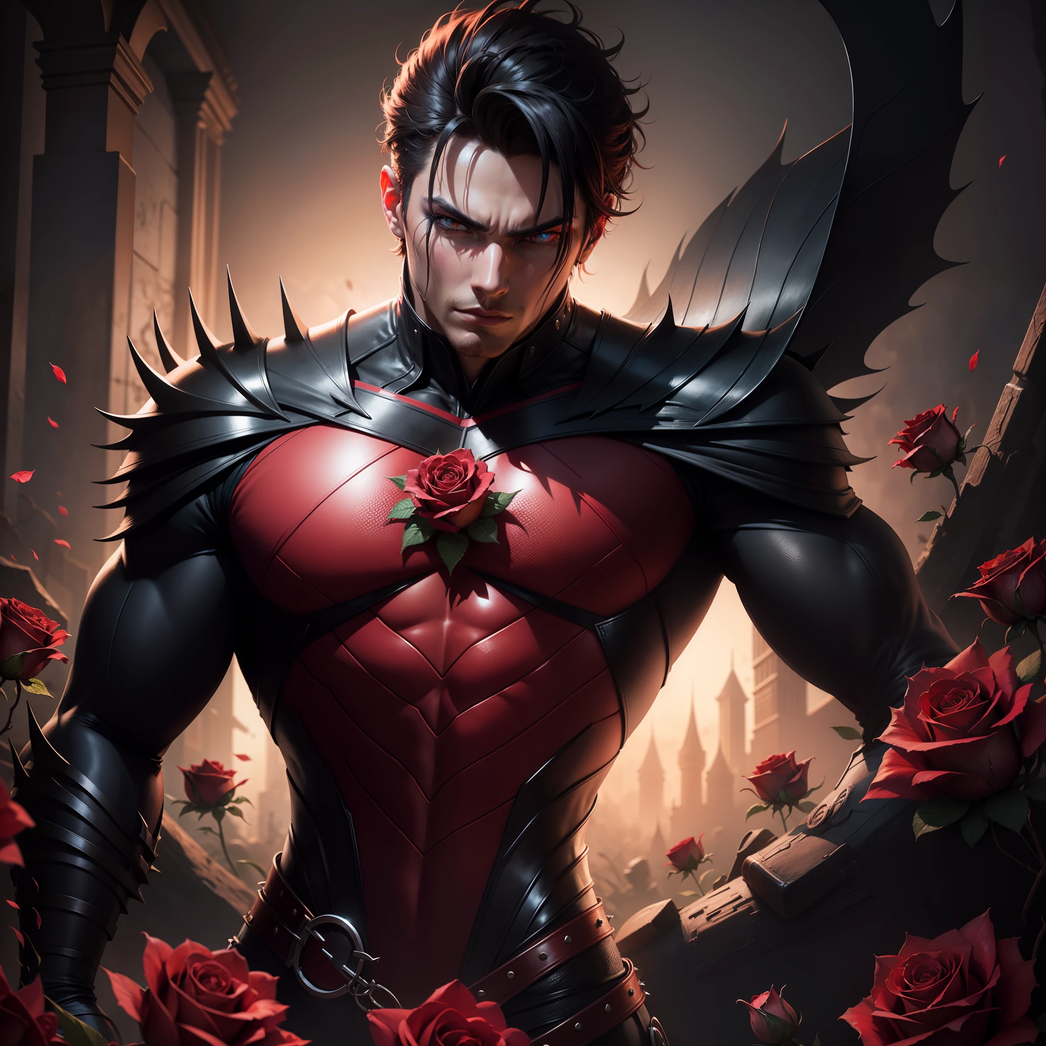 Create a male superhero inspired by roses with spikes, very detailed, creepy looking character, dead roses in the background, high quality, high quality artwork, rich colours photography.