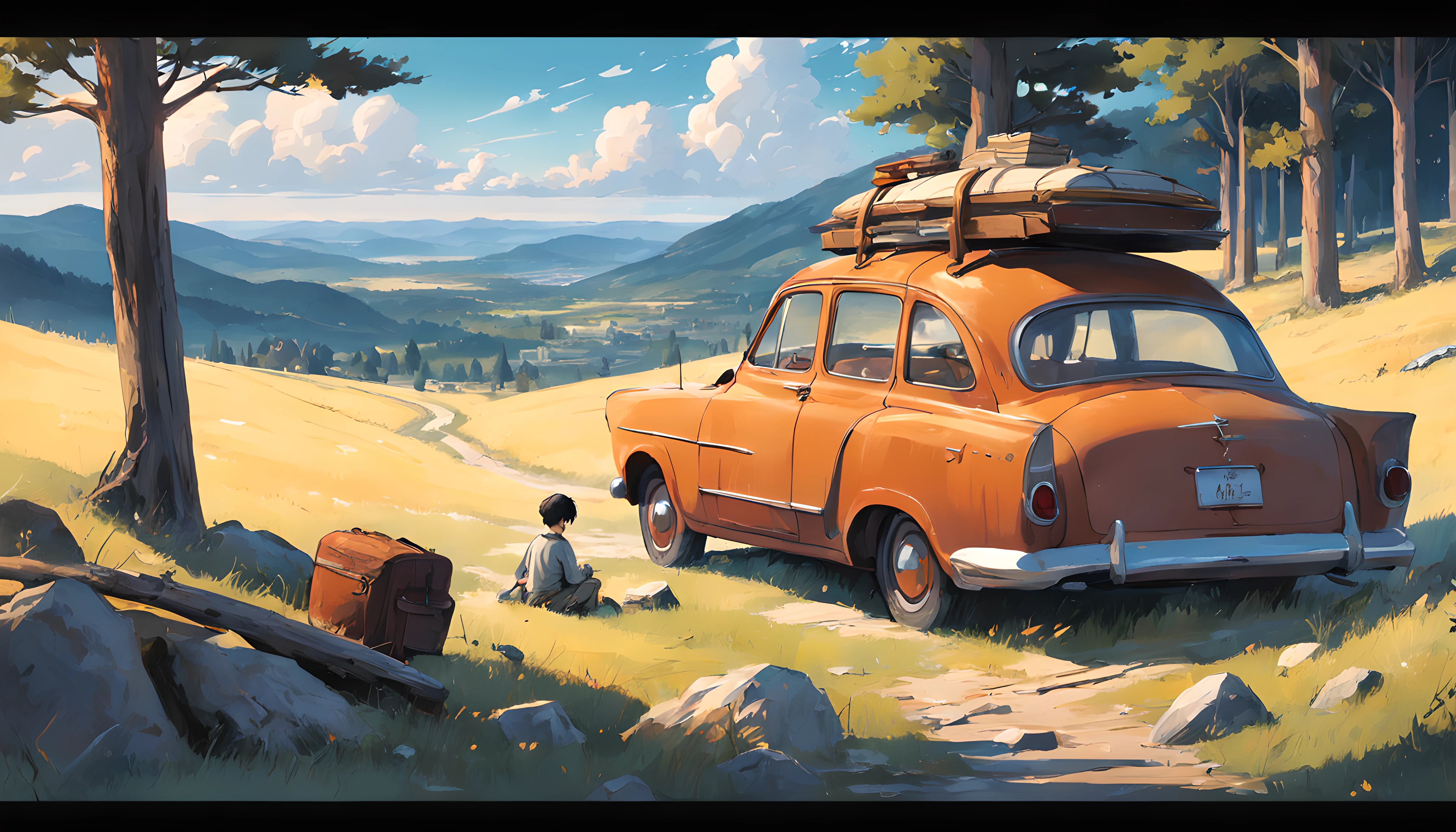 Create a compelling tale revolving around an old model car parked amid rolling hills, with a lone man setting up camp nearby. The car, weathered by time, Tips from past trips and adventure stories. Describe the man's actions as he unfolds a worn map, a crackling bonfire starts, and looks up at the starry sky. Weave in detail about the surrounding landscape, the scent of pines, and the distant calls of nocturnal creatures. Convey a sense of nostalgia and introspection as the man reflects on the past and finds solace in the simplicity of the present moment. Your story should transport readers to this remote hillside, allowing them to feel the connection between the men, The antique car, and the serene desert, exposure blend, medium shot, bokeh, (hdr:1.4), high contrast, (cinematic, orange and white film), (muted colors, dim colors, soothing tones:1.3),
low saturation, (hyperdetailed:1.2), (noir:0.4).