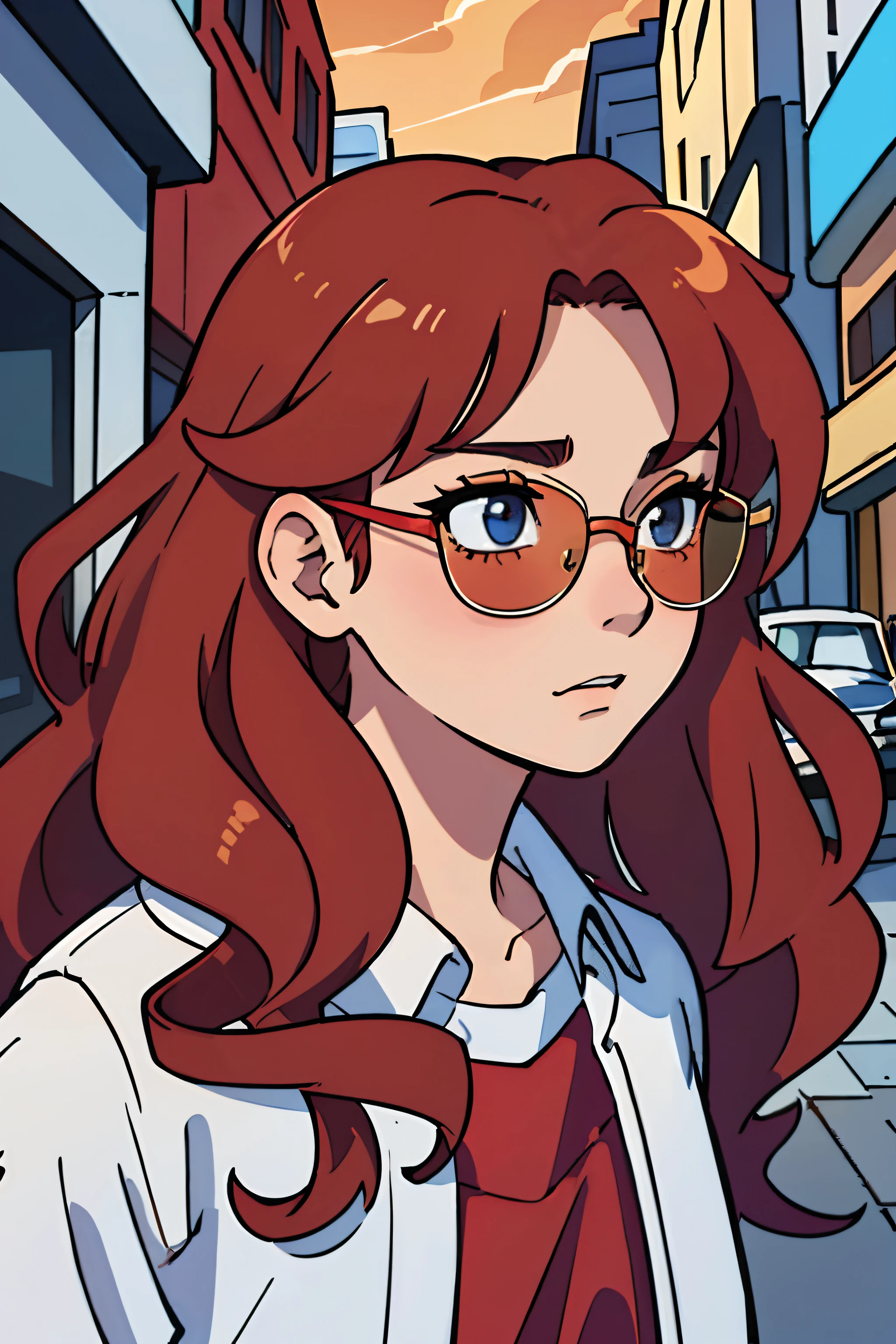 (best qualtiy:0.8),(best qualtiy:0.8),Perfect anime illustration,Extreme close-up portrait of a beautiful woman walking through the city,Wearing sunglasses,She has long red wavy curly hair,There is a nose ring on the nose