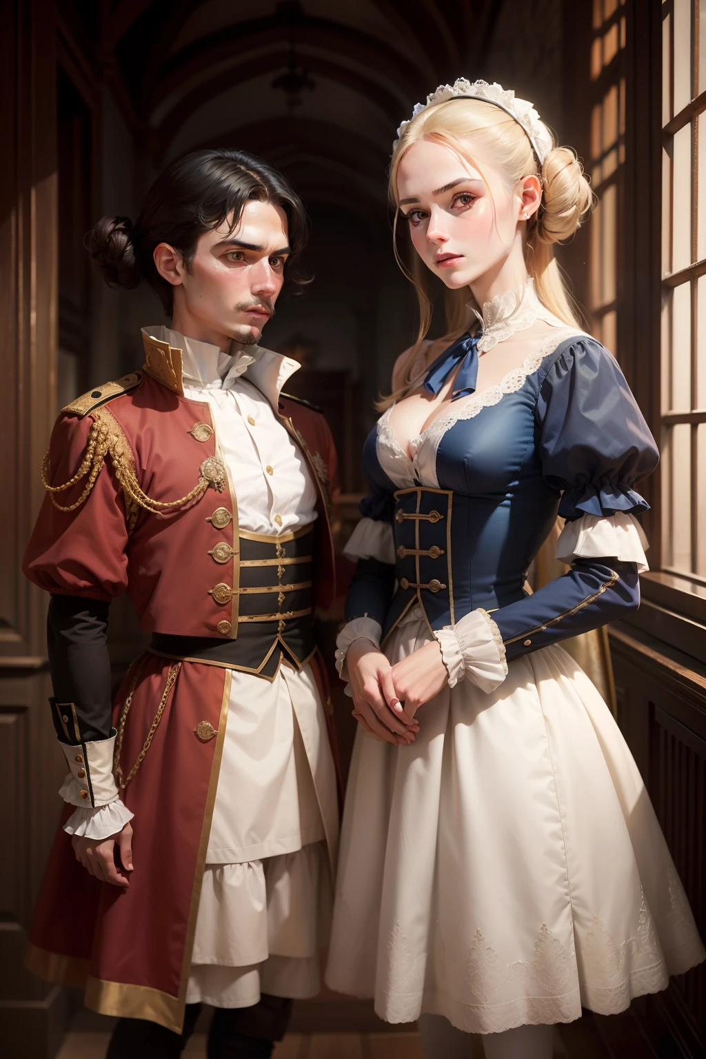 (masterpiece, ultra detailed), a ginger woman and a man, ((masculine)), ((looking at an elegant masculine man)),