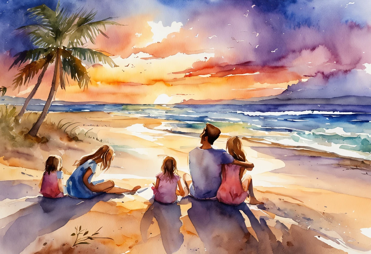 A father, radiating warmth and love, sits on a sandy beach with his two twenty-year-old daughters and their five-year-old son. The sun sets in a spectacular display of vibrant oranges, pinks, and purples, casting a golden glow over the family.