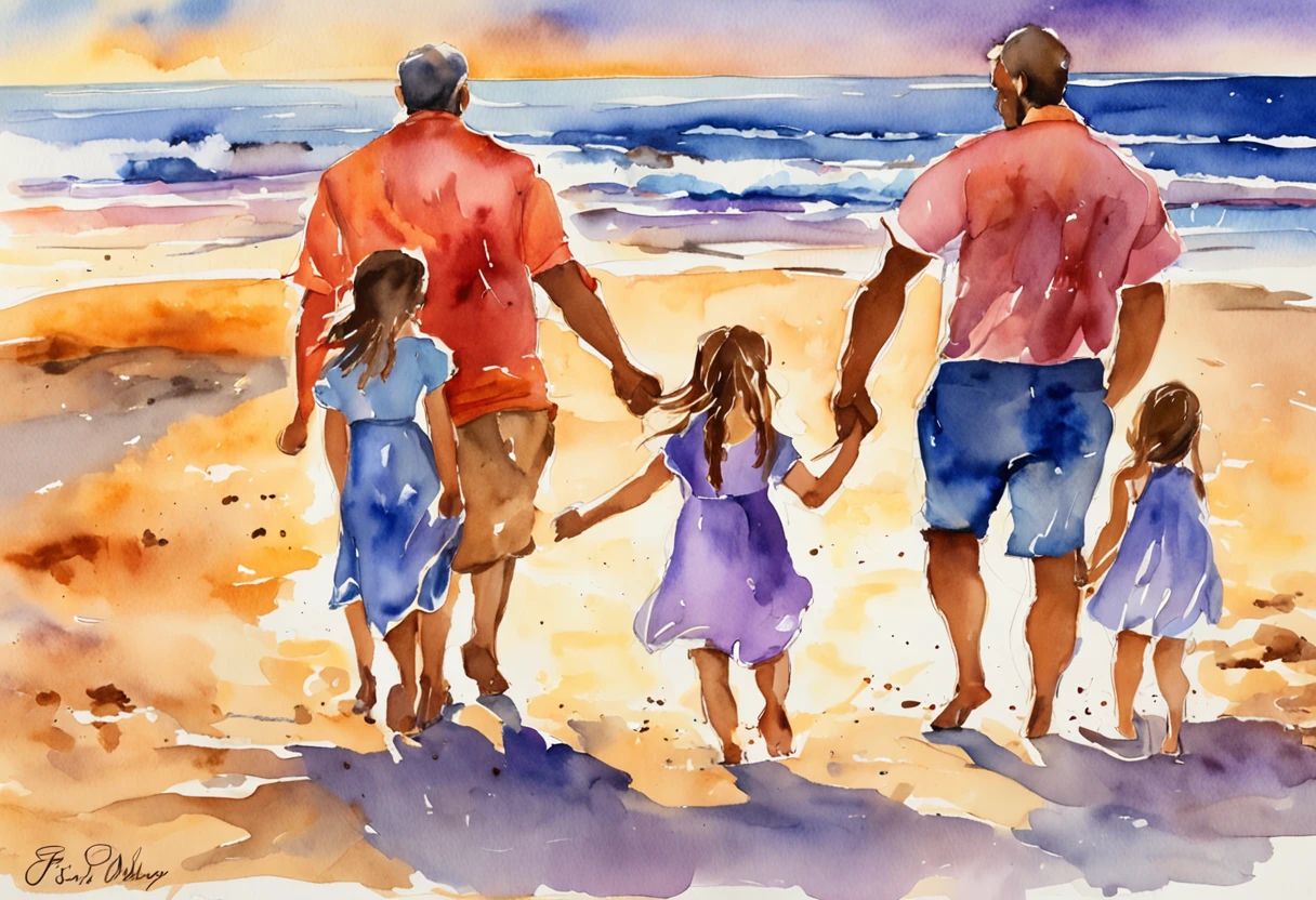 A father, radiating warmth and love, sits on a sandy beach with his two twenty-year-old daughters and their -year son.e sun sets in a spectacular display of vibrant oranges, pinks, and purples, casting a golden glow over the family.