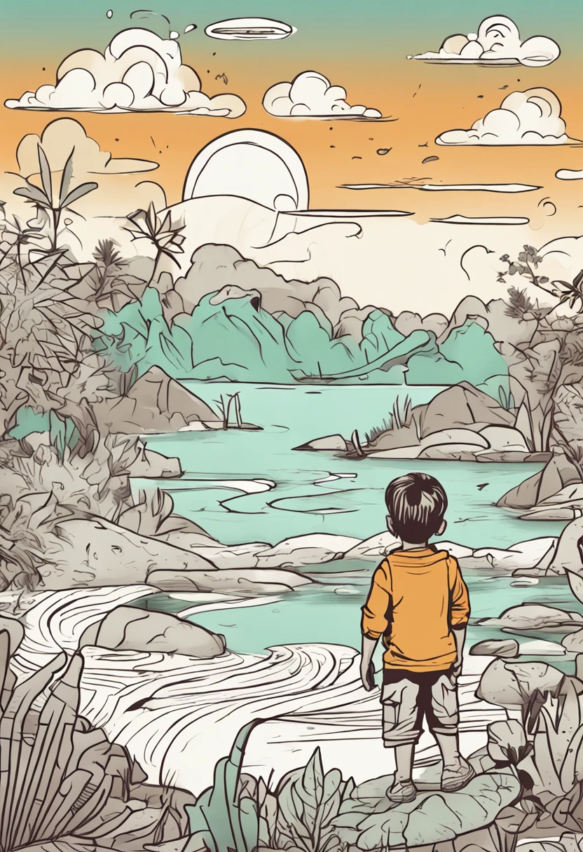 coloring book style, linear drawing, no shadow, a boy of approximately five years old looking at the horizon, in the background of the drawing several dinosaurs, better scale, dinossaurs